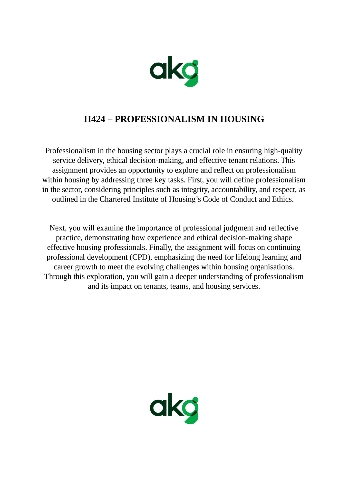 H424 – PROFESSIONALISM IN HOUSING