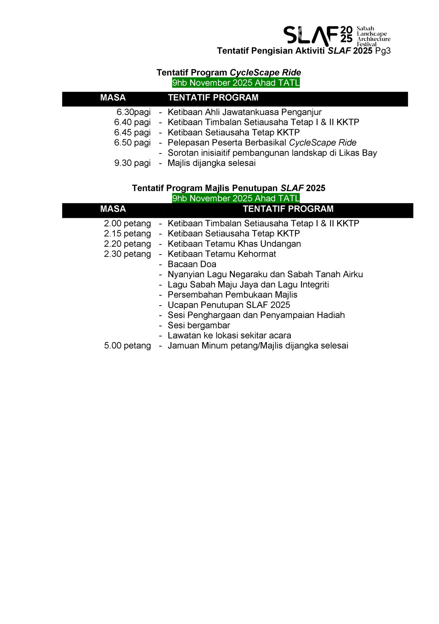 Tentatif Pengisian Aktiviti SLAF 2025 Pg3 Tentatif Pengisian Aktiviti SLAF 2025 Pg3