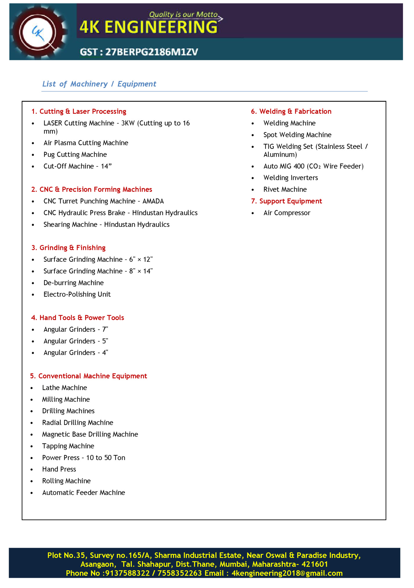 List of Machinery / Equipment