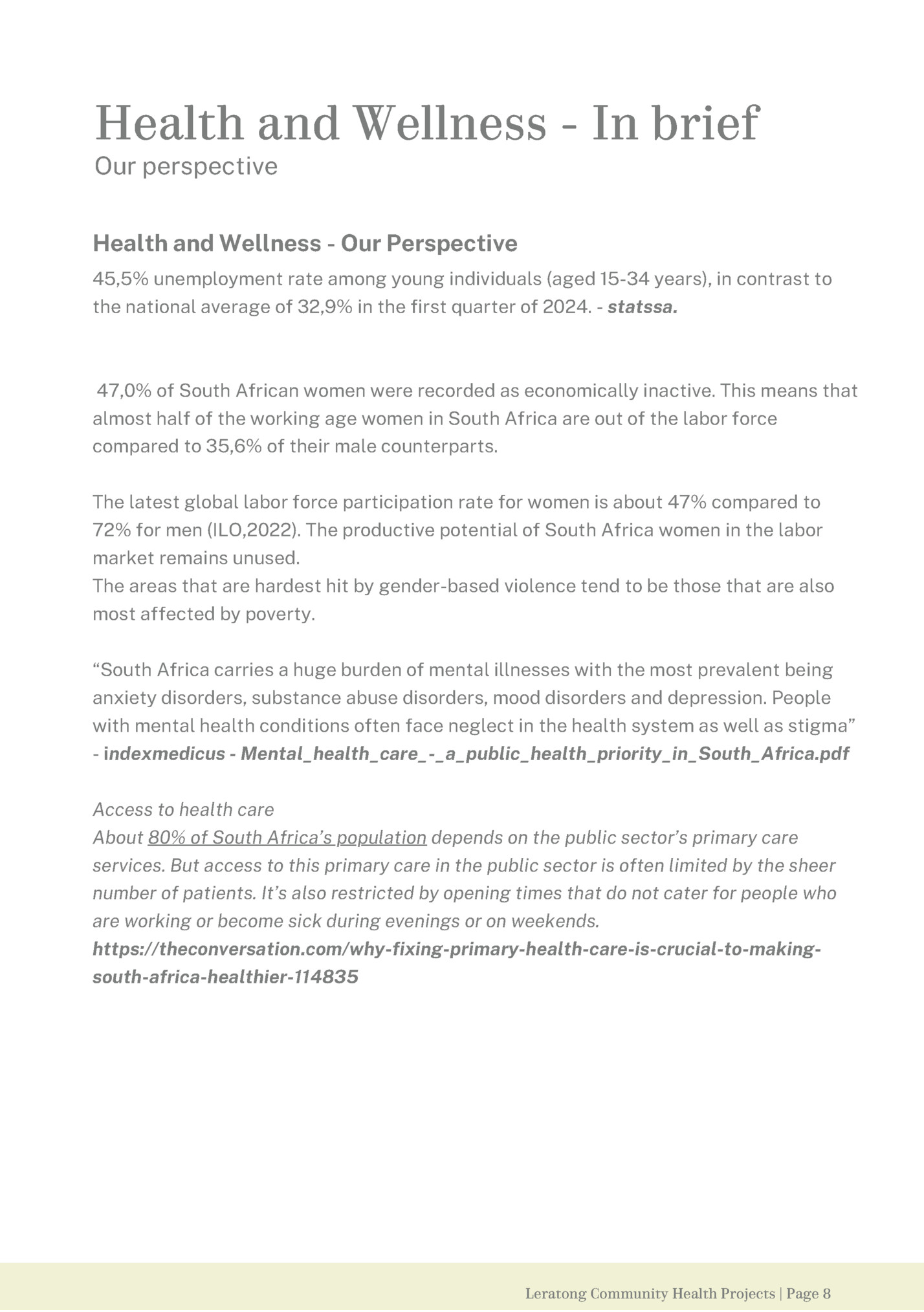 Health and Wellness - In brief