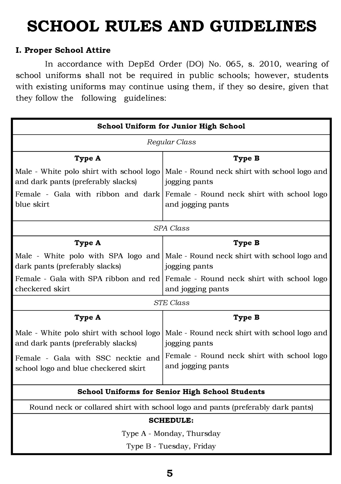 SCHOOL RULES AND GUIDELINES