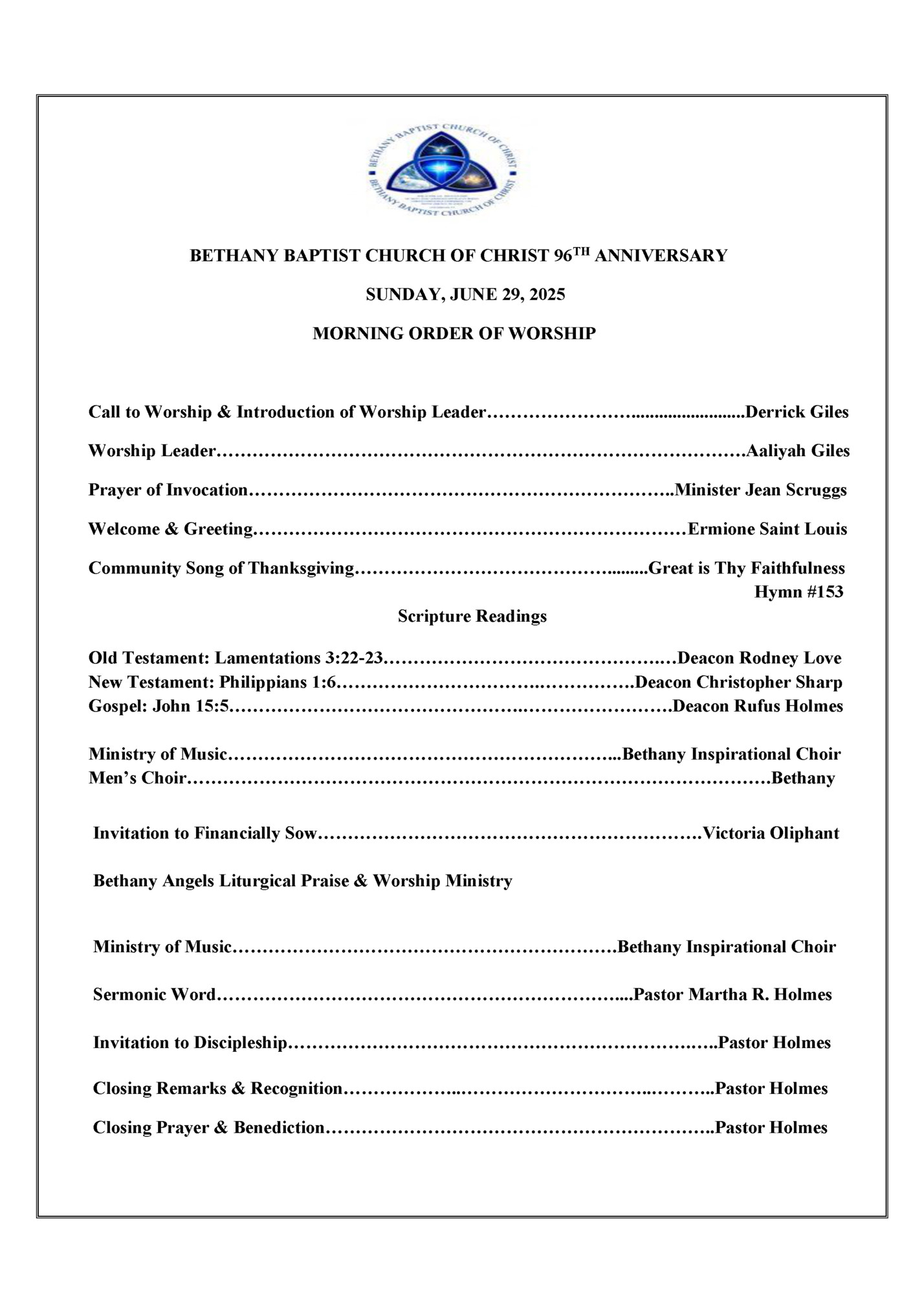 BETHANY BAPTIST CHURCH OF CHRIST 96TH ANNIVERSARY