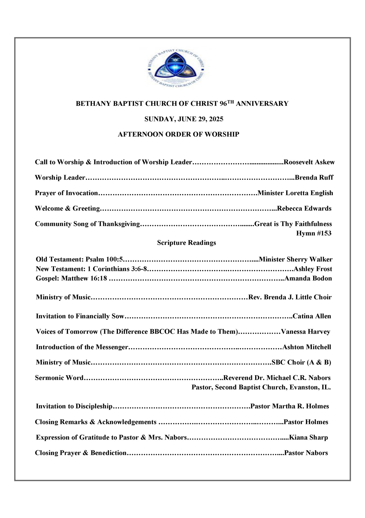 BETHANY BAPTIST CHURCH OF CHRIST 96TH ANNIVERSARY