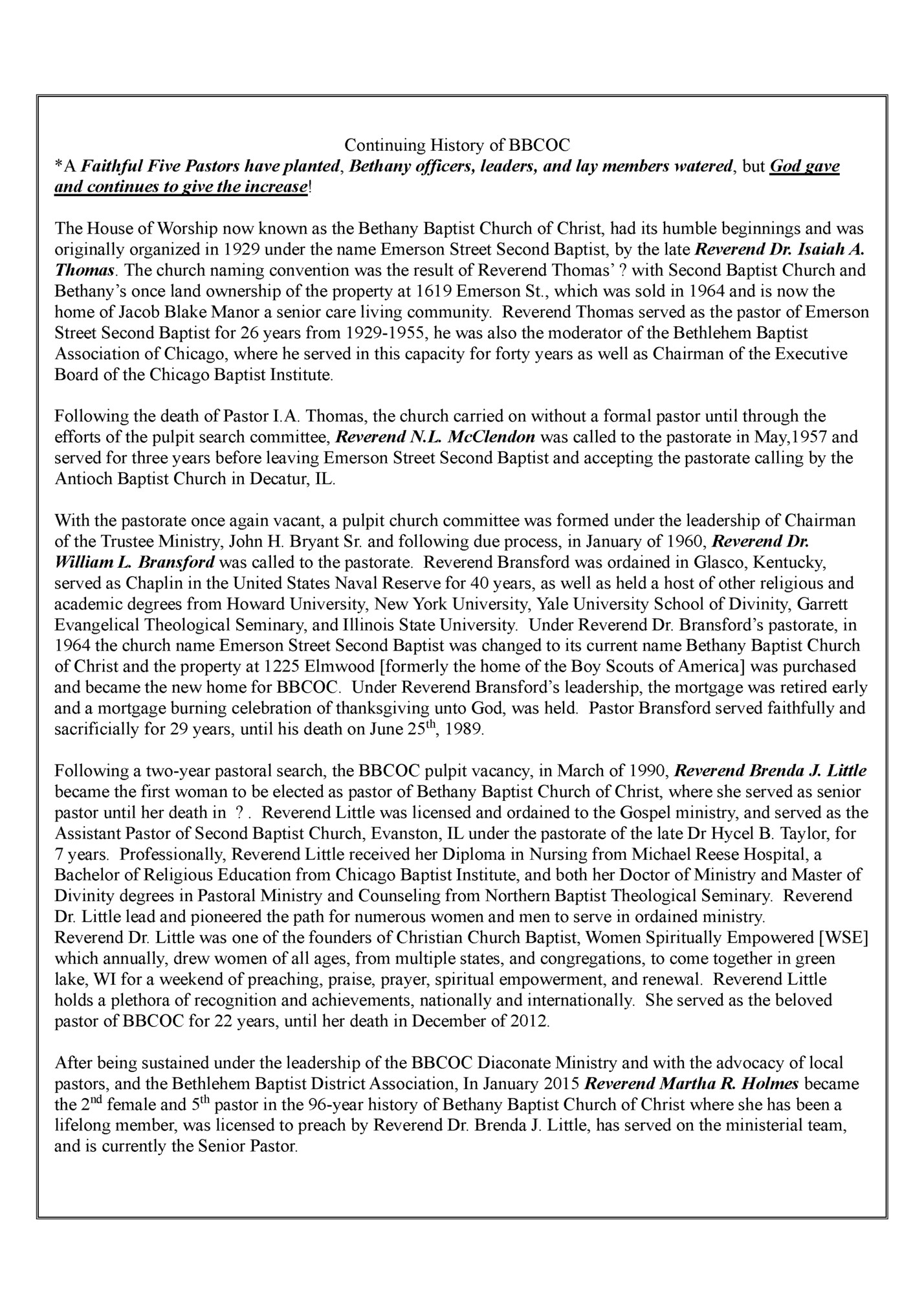 Continuing History of BBCOC