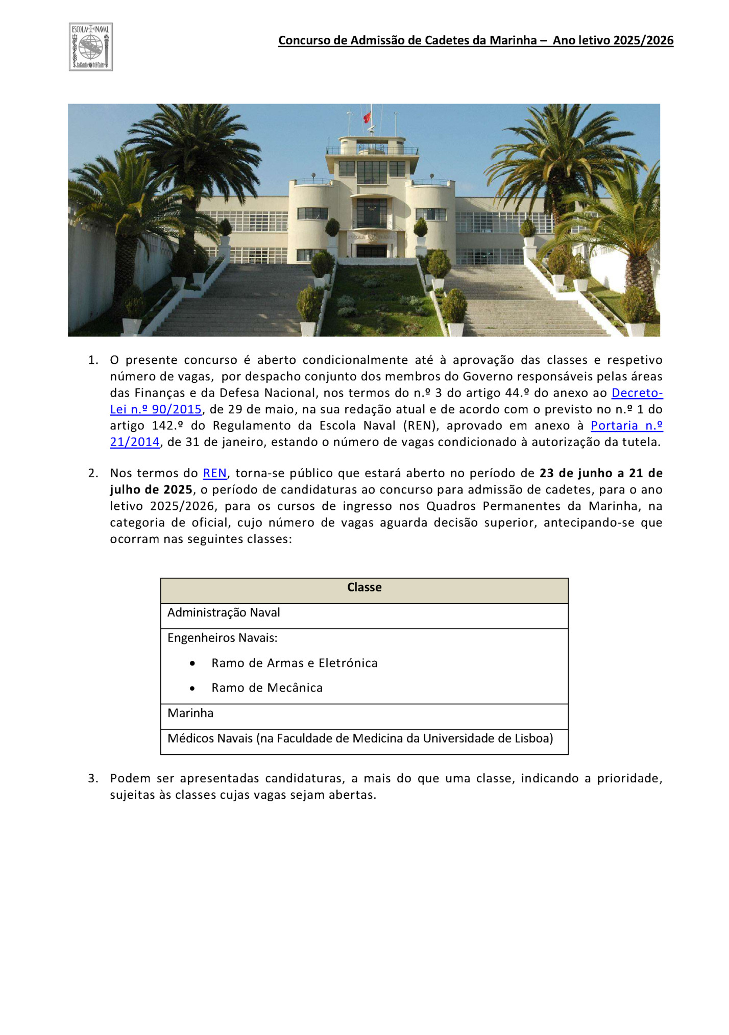 Concurso de Admissão de Cadetes da Marinha – Ano letivo 2025/2026