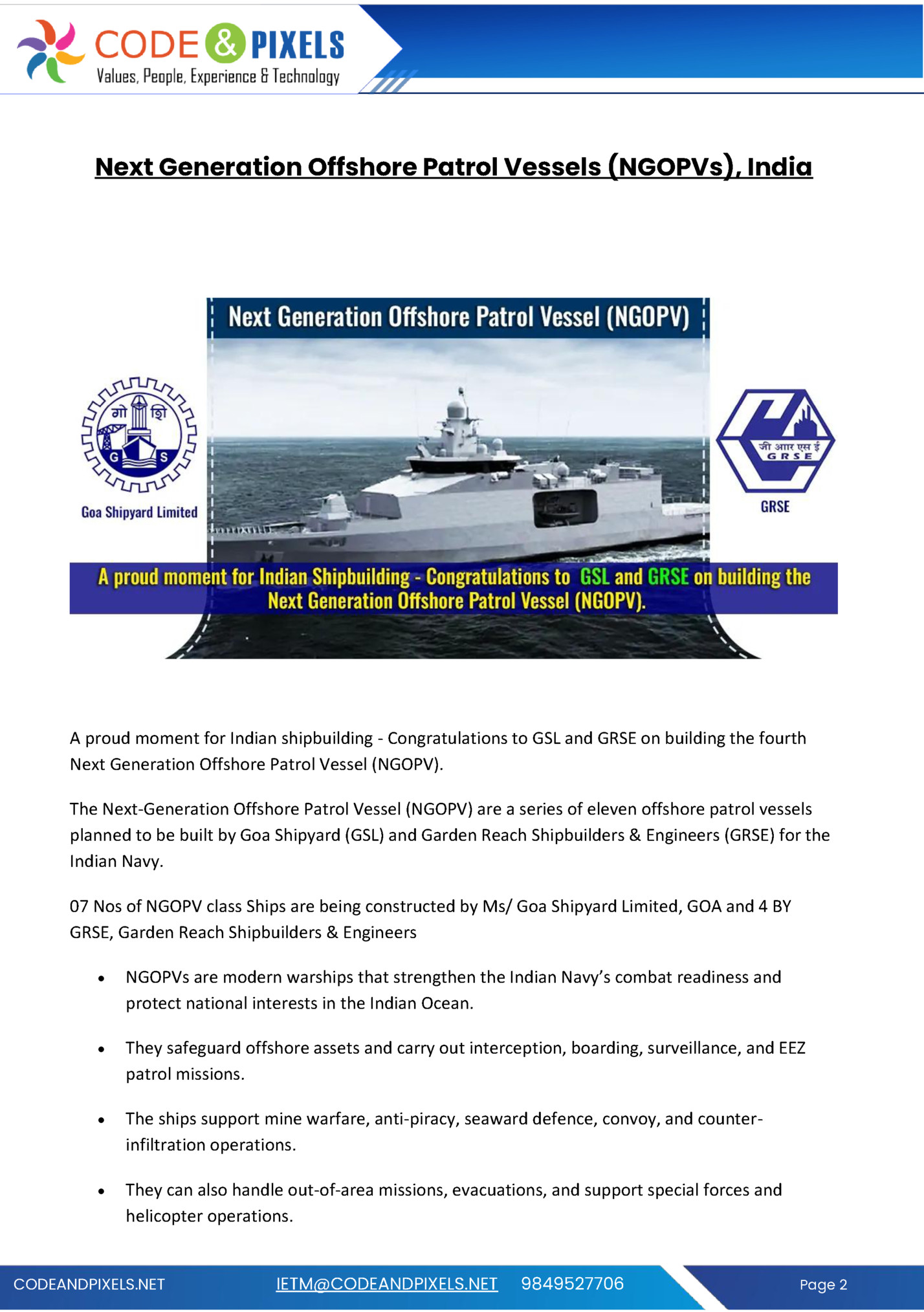 Next Generation Offshore Patrol Vessels (NGOPVs), India