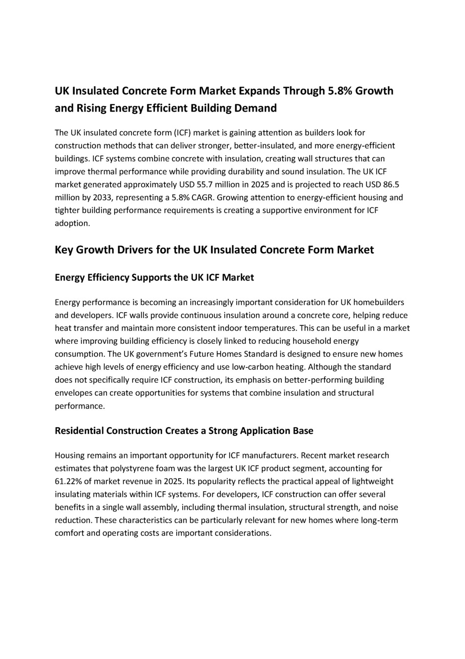 UK Insulated Concrete Form Market Expands Through 5.8% Growth and Rising Energy Efficient Building Demand