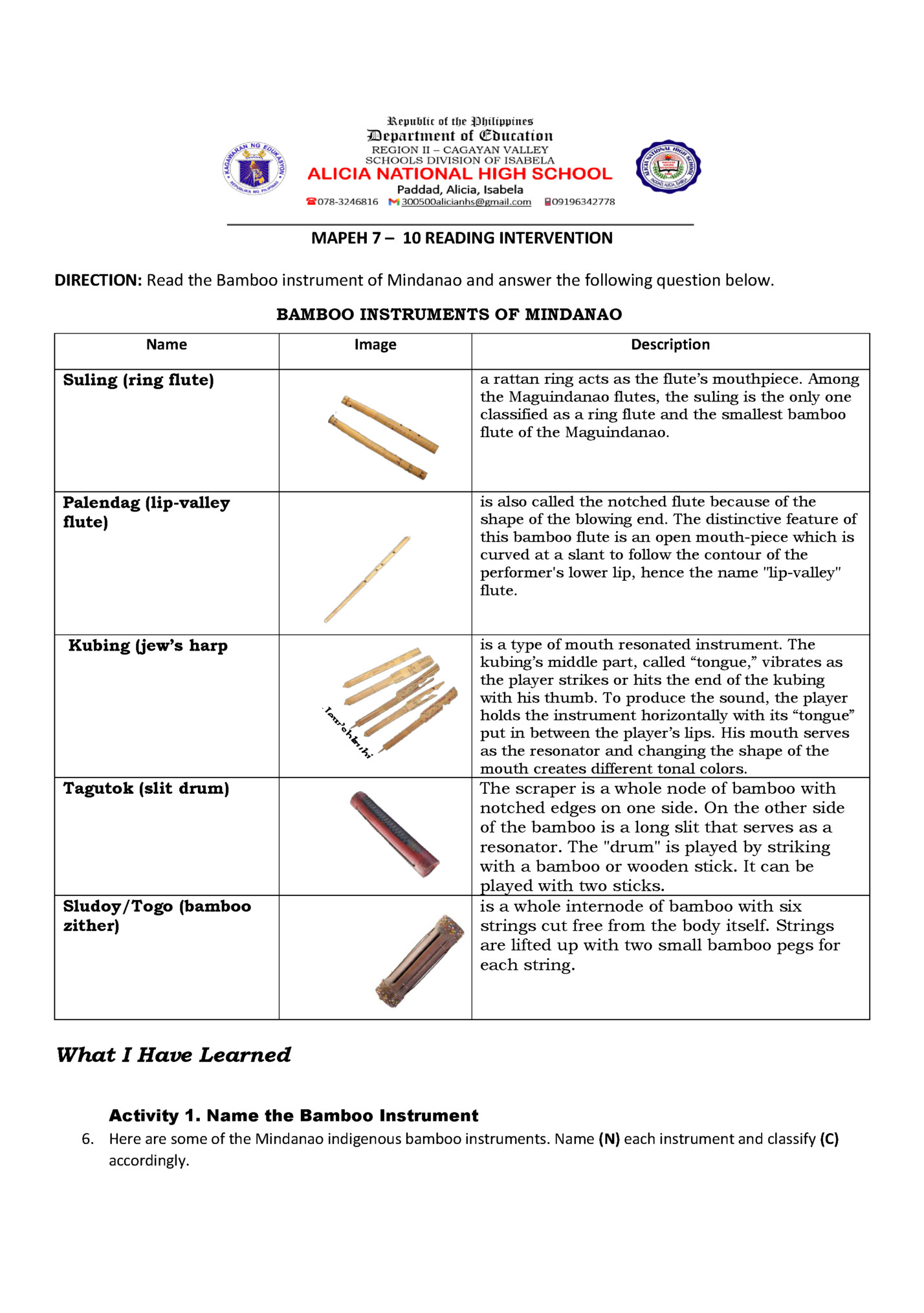 MAPEH 7 – 10 READING INTERVENTION