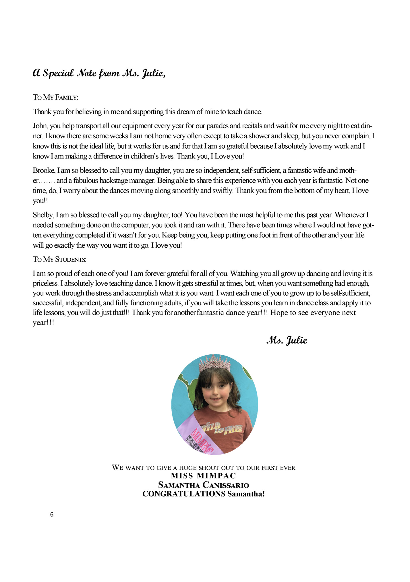 A Special Note from Ms. Julie,