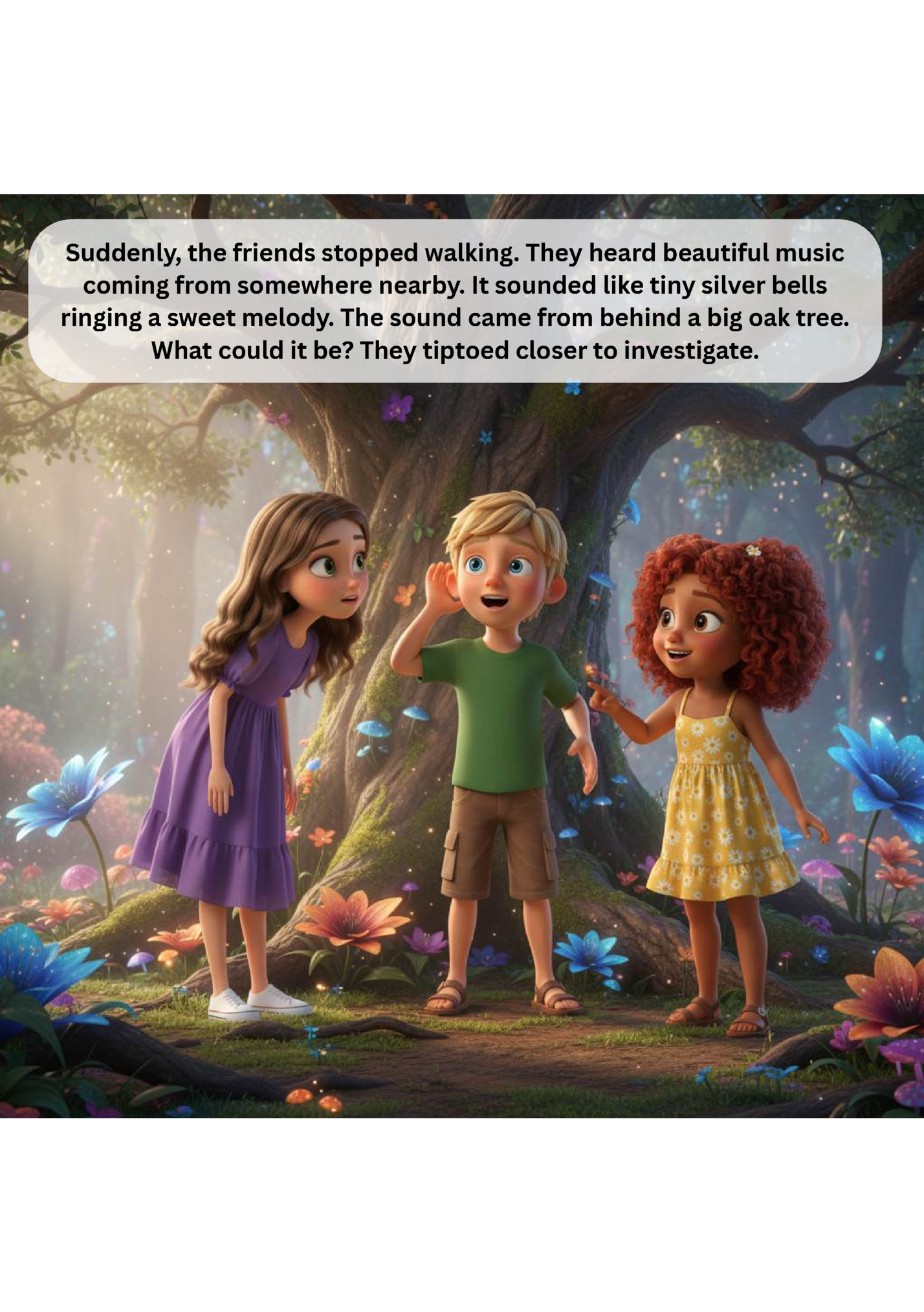 Suddenly, the friends stopped walking. They heard beautiful music