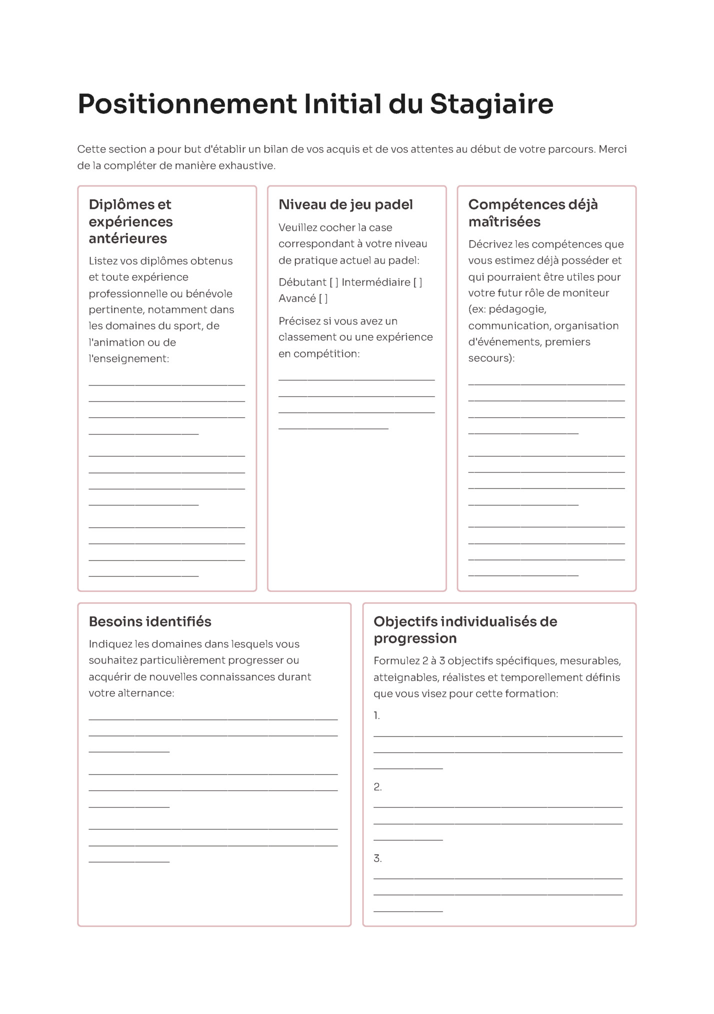 Positionnement Initial du Stagiaire