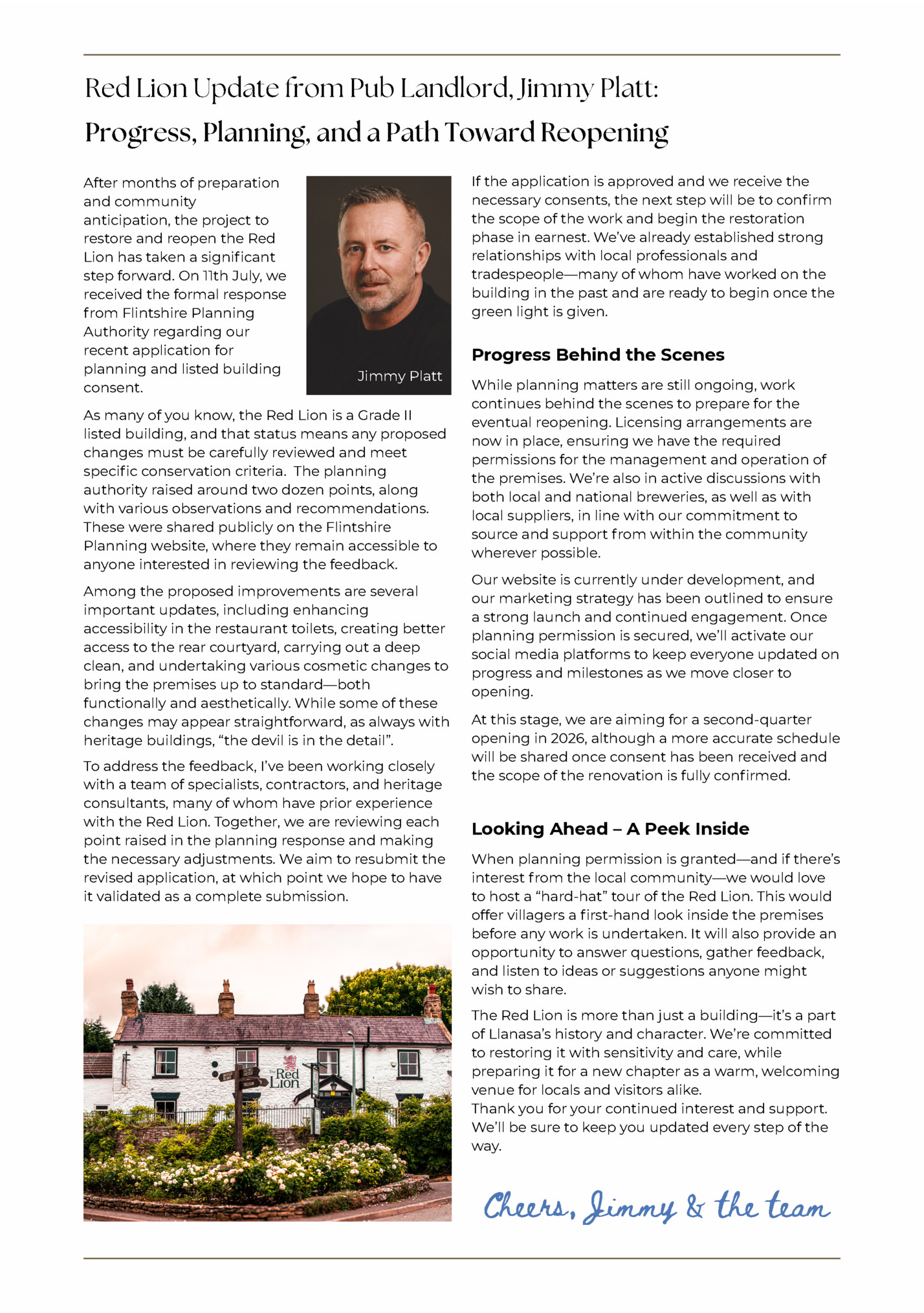 Red Lion Update from Pub Landlord, Jimmy Platt: