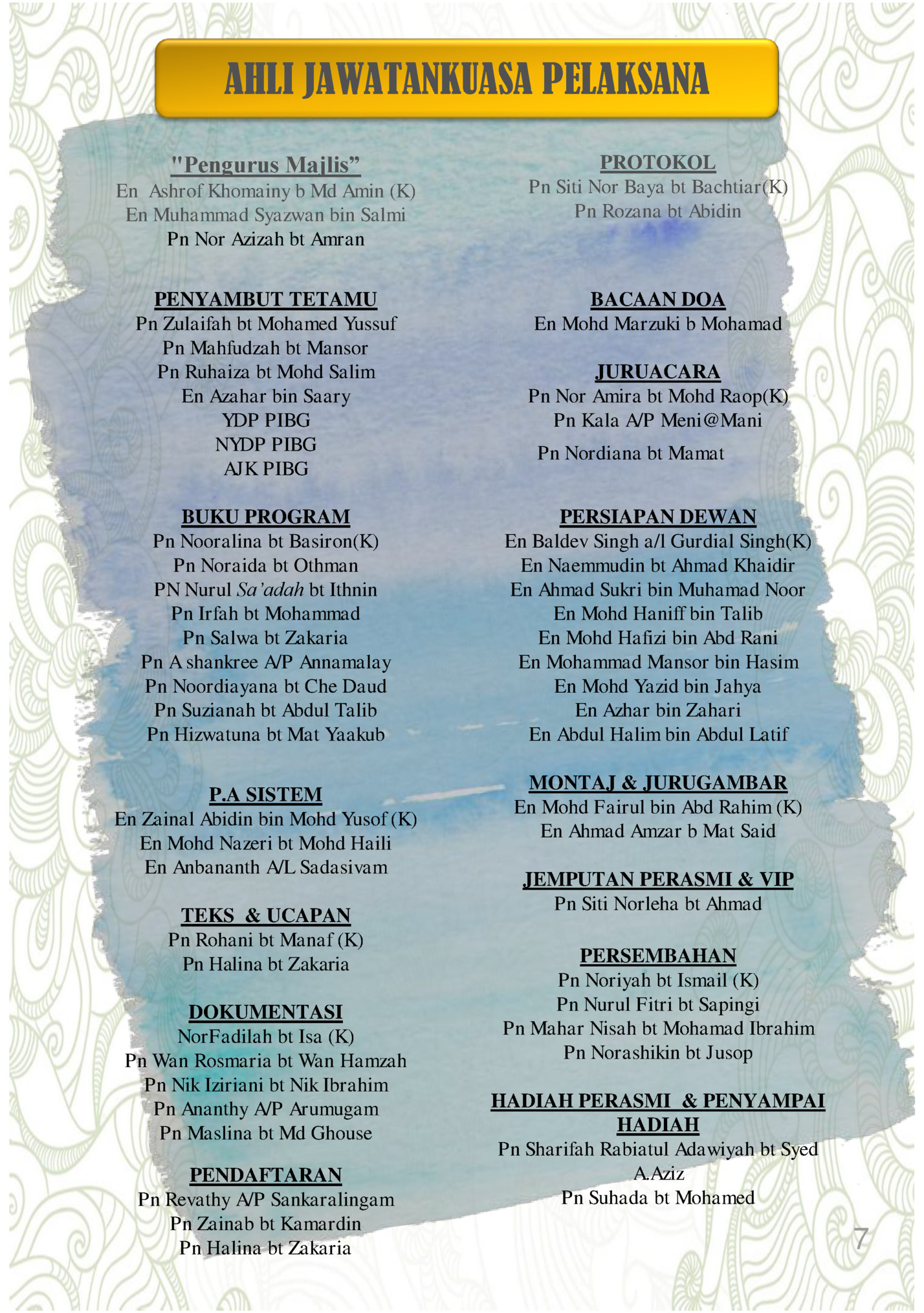 AHLI JAWATANKUASA PELAKSANA AHLI JAWATANKUASA PELAKSANA