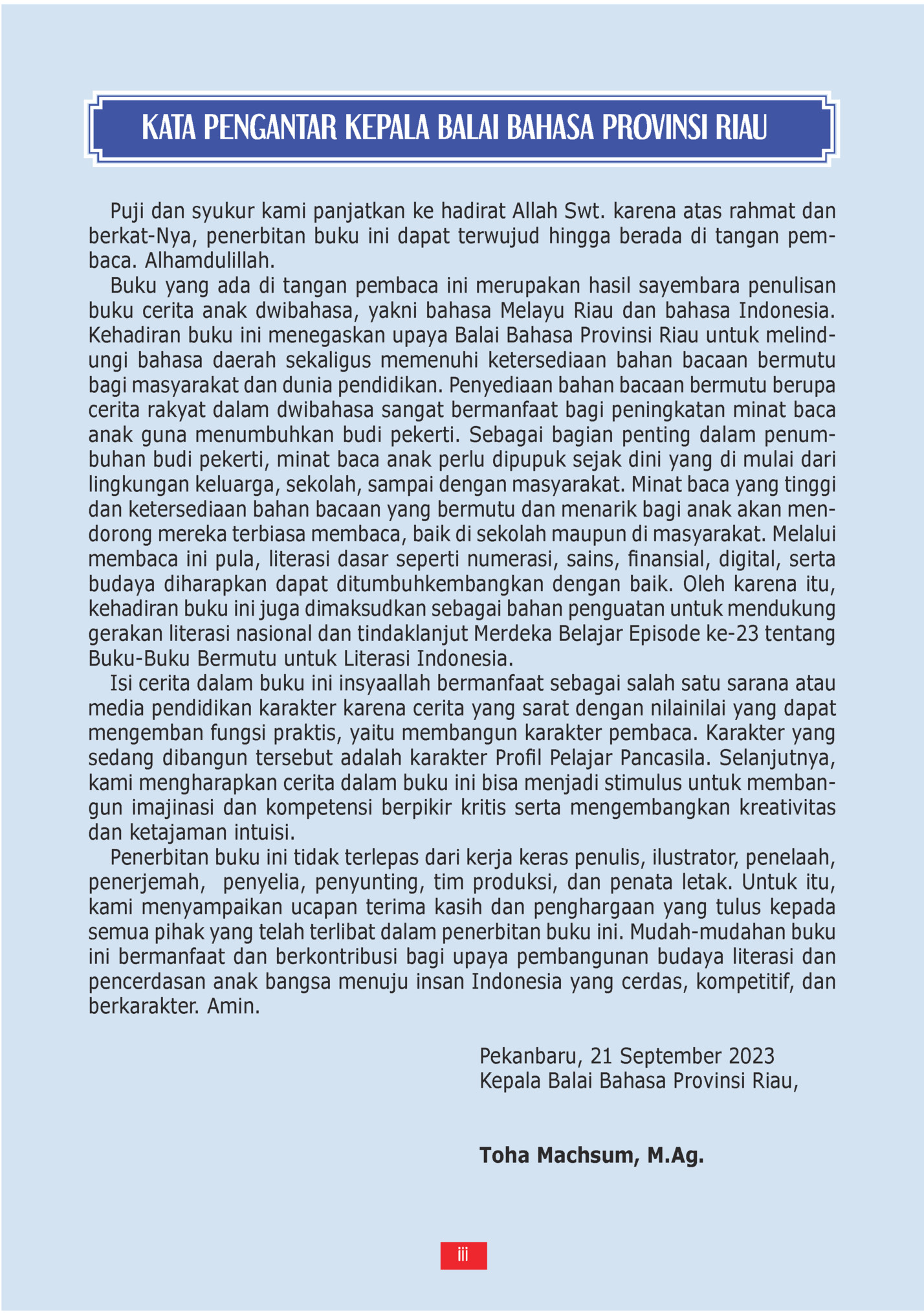 KATA PENGANTAR KEPALA BALAI BAHASA PROVINSI RIAU