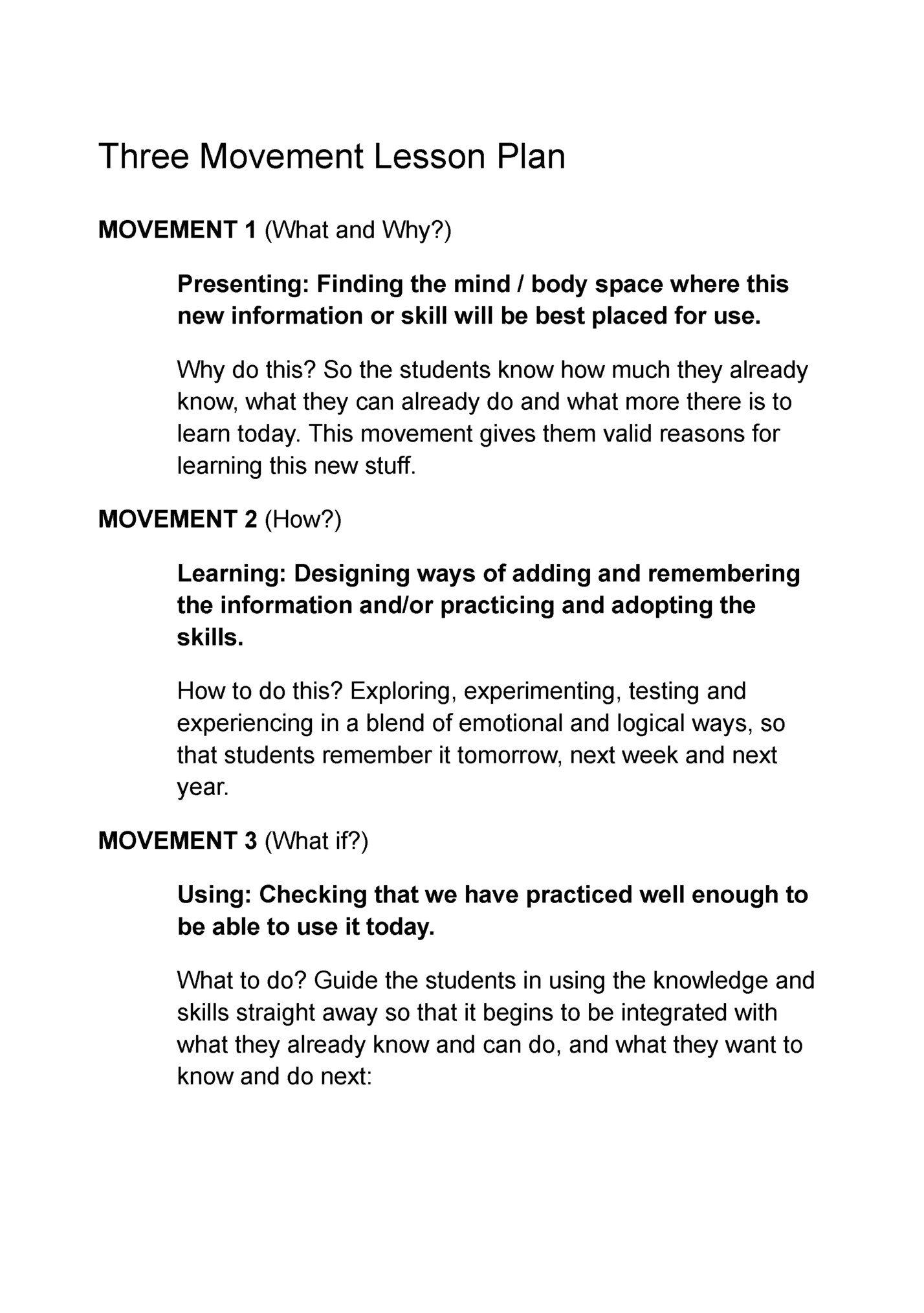 Three Movement Lesson Plan