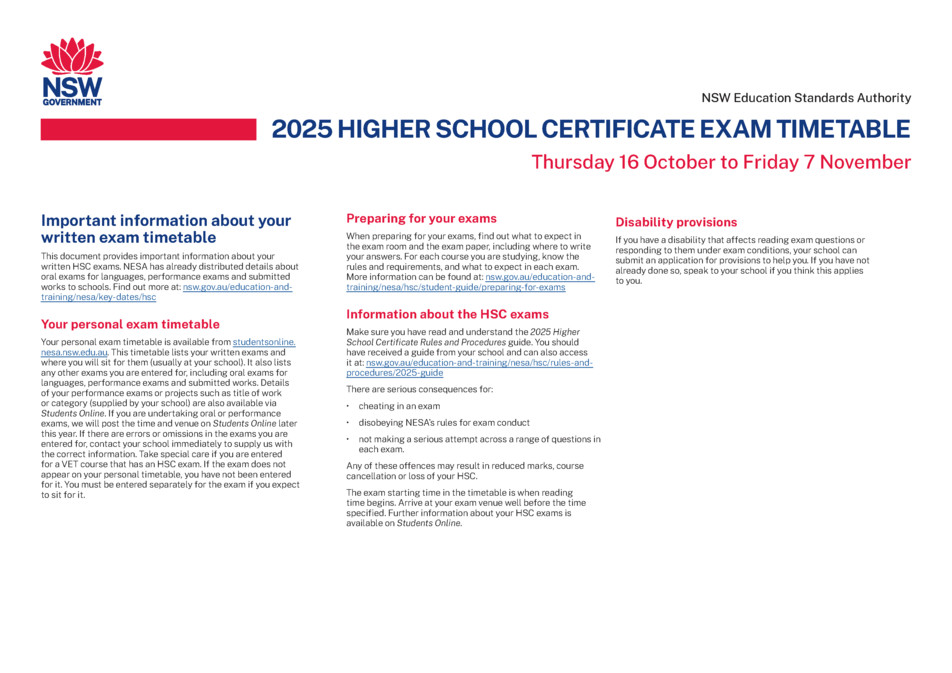 2025 HSC Timetable