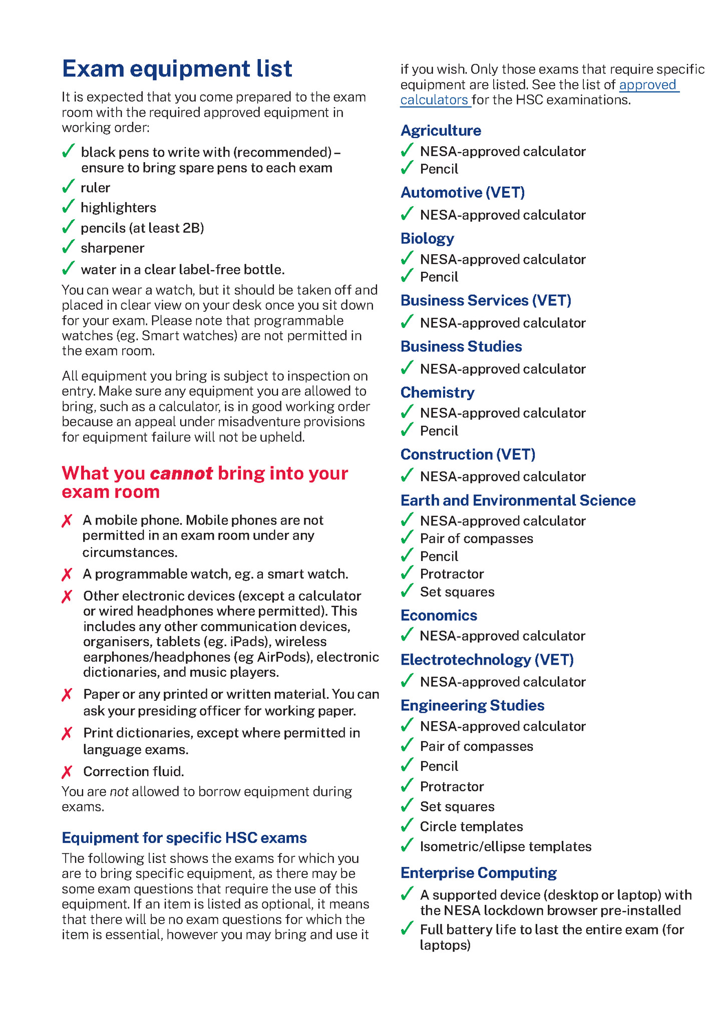 Exam equipment list
