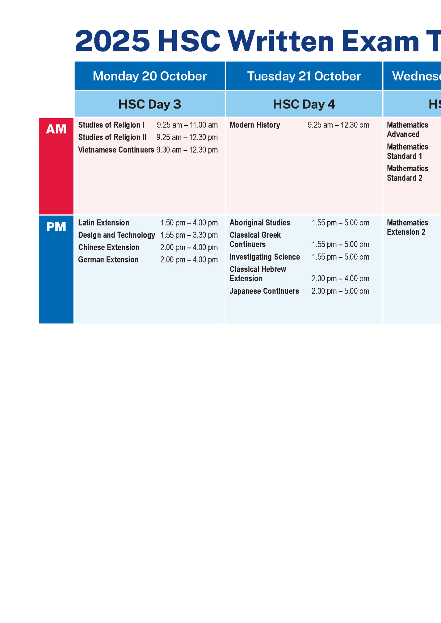 2025 HSC Written Exam Timetable • Week 2