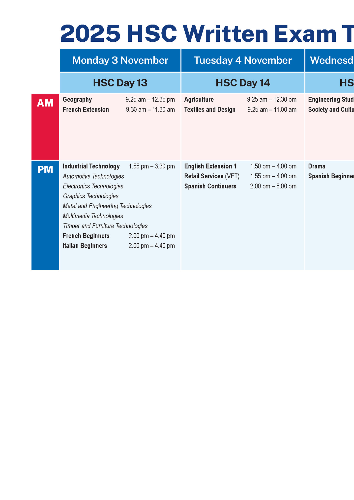 2025 HSC Written Exam Timetable • Week 4