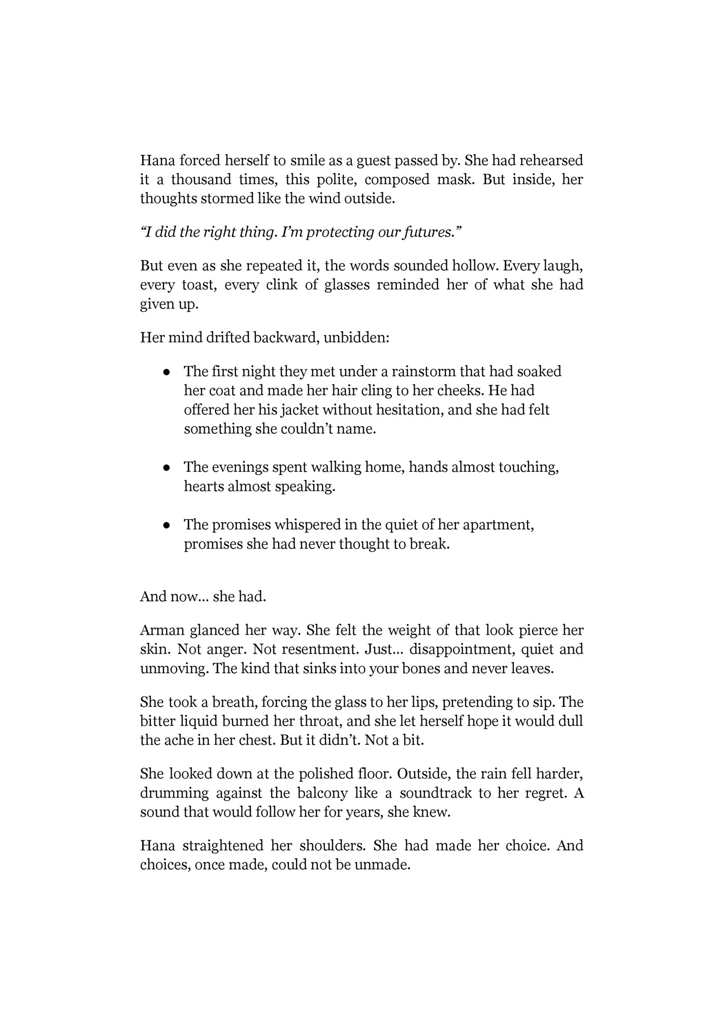 Hana forced herself to smile as a guest passed by. She had rehearsed