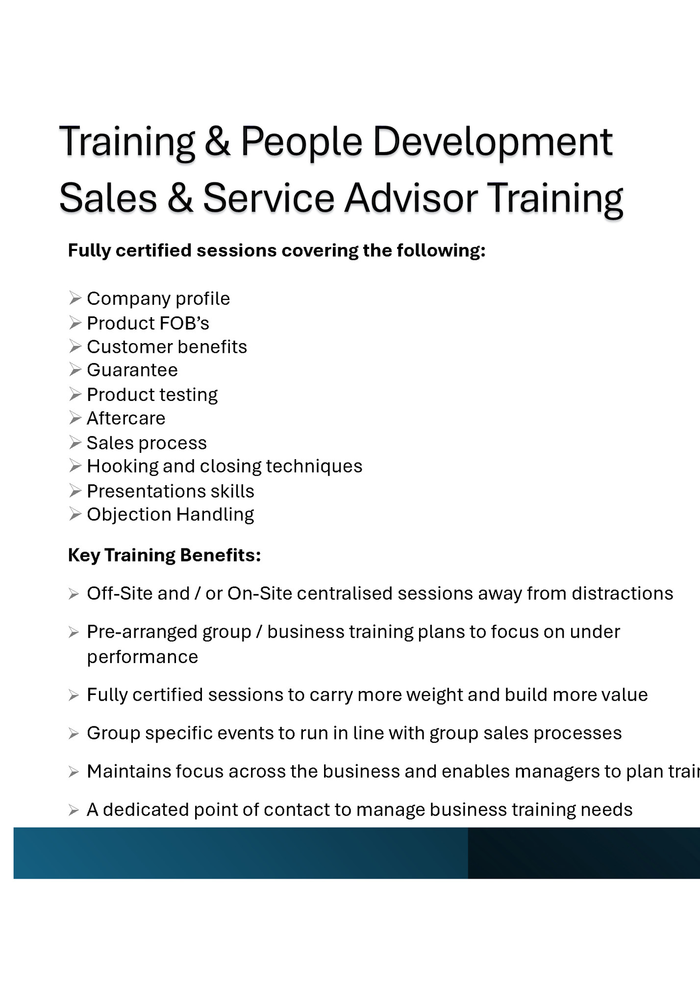 Fully certified sessions covering the following: