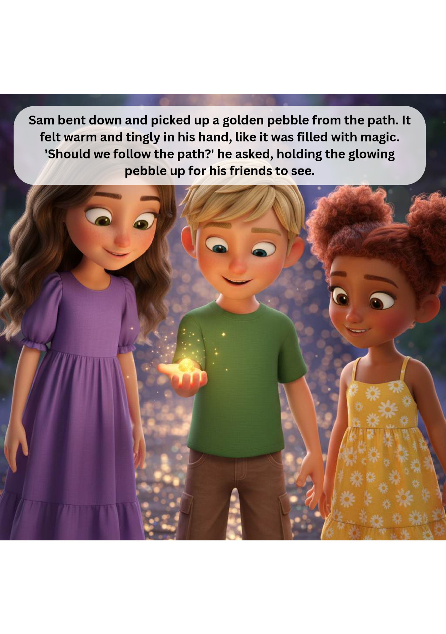 Sam bent down and picked up a golden pebble from the path. It