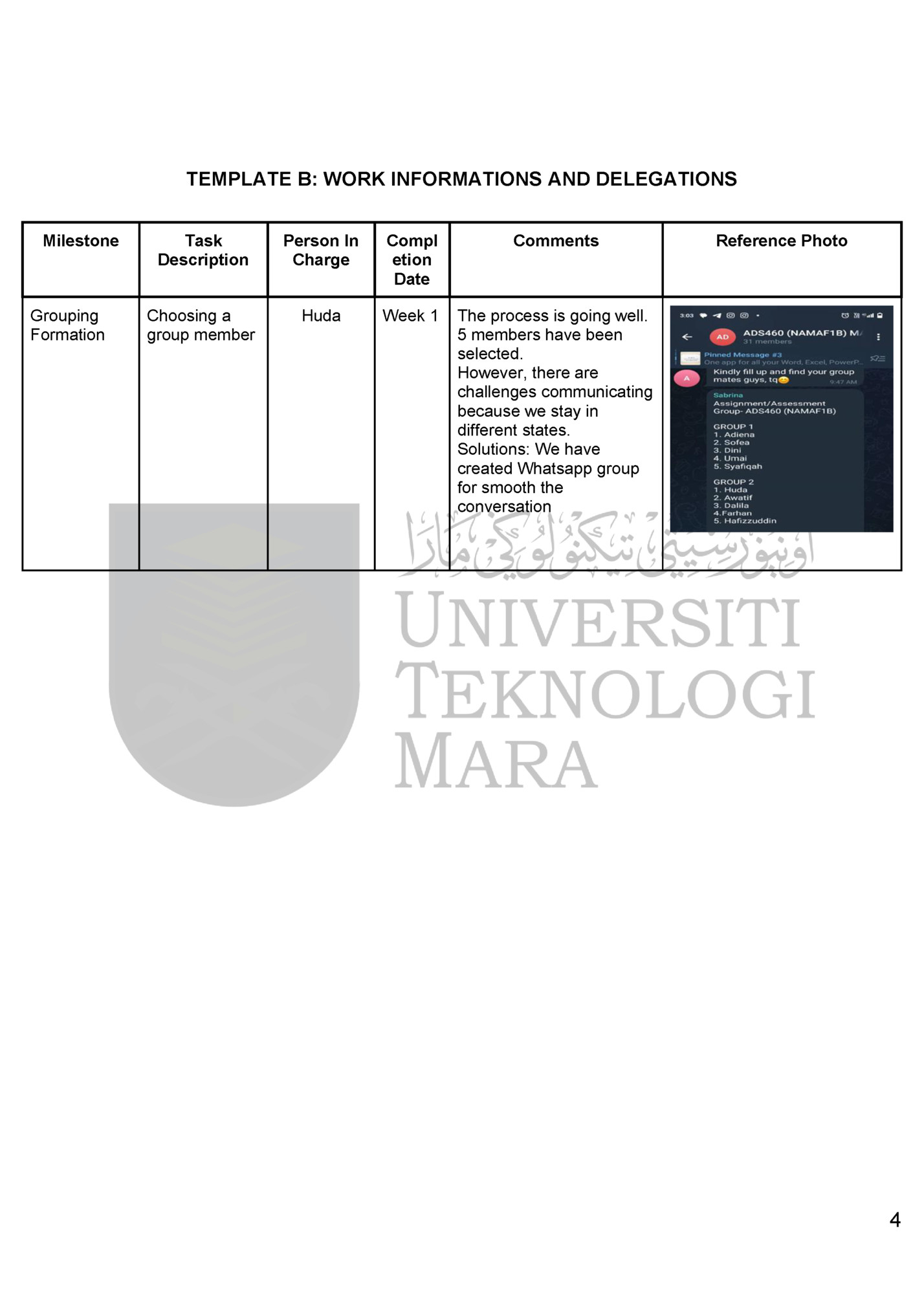 TEMPLATE B: WORK INFORMATIONS AND DELEGATIONS