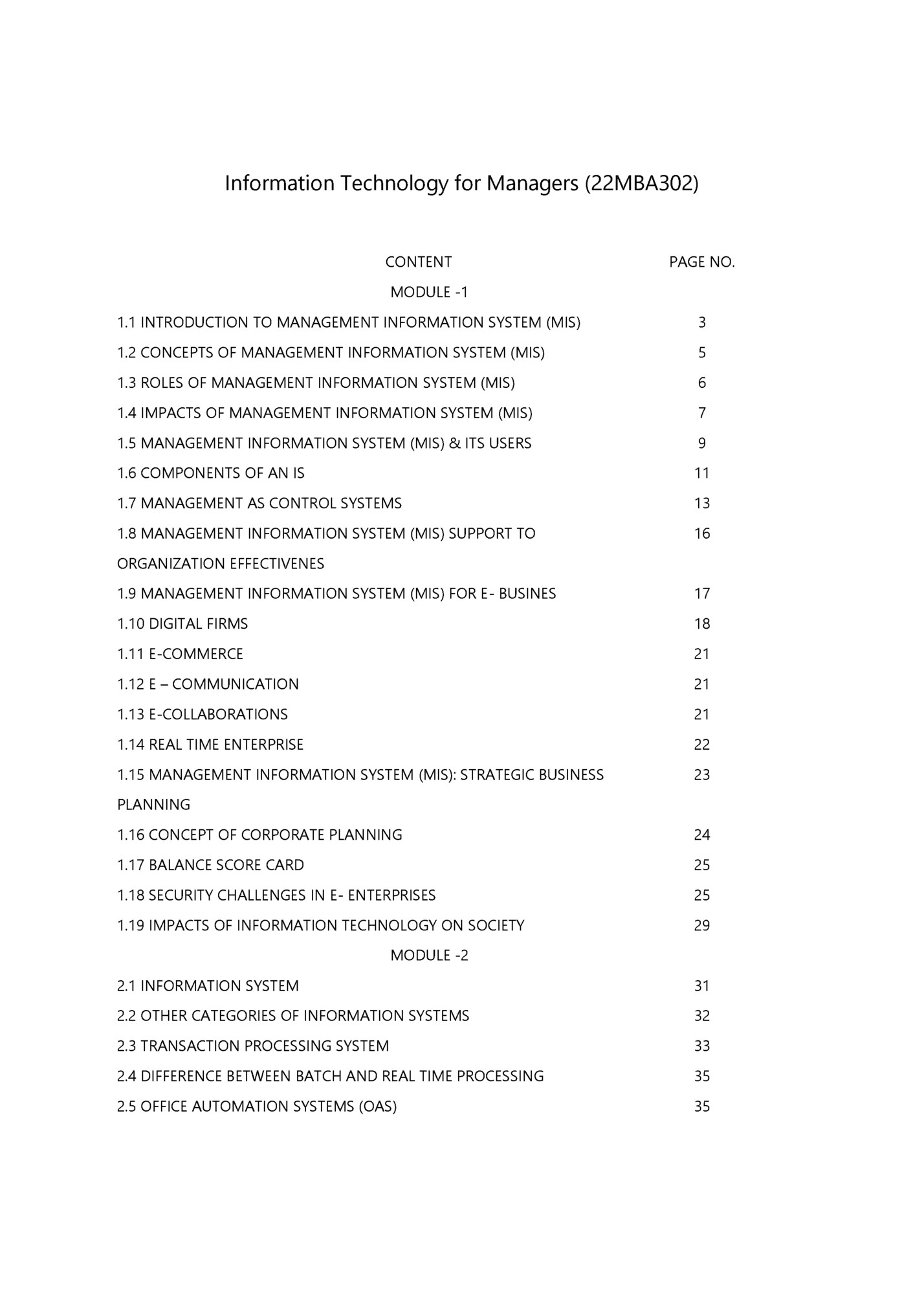 Information Technology for Managers (22MBA302)