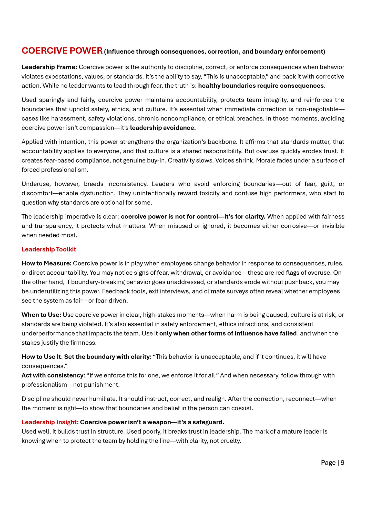 COERCIVE POWER (Influence through consequences, correction, and boundary enforcement)