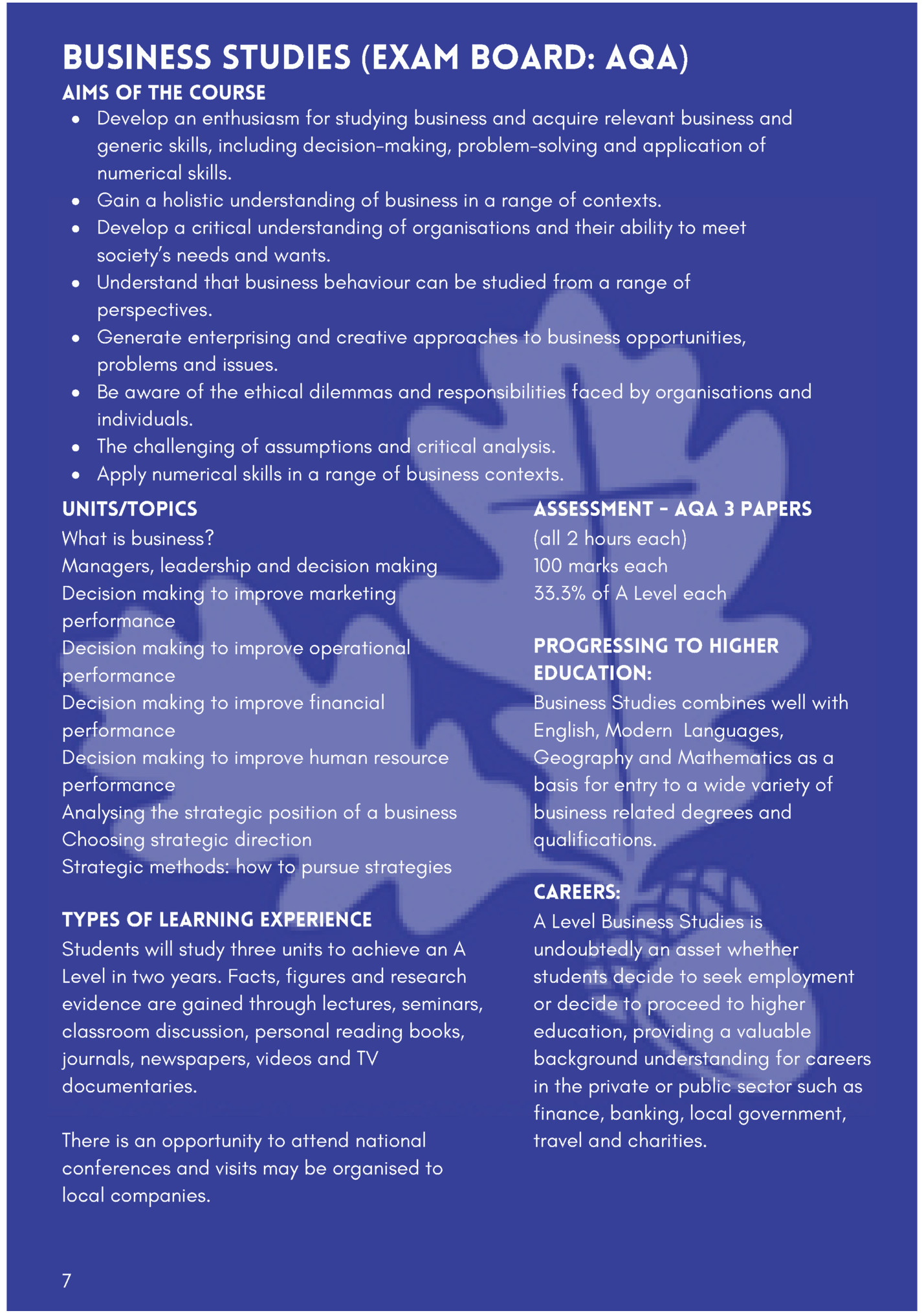 Business Studies (Exam Board: AQA)