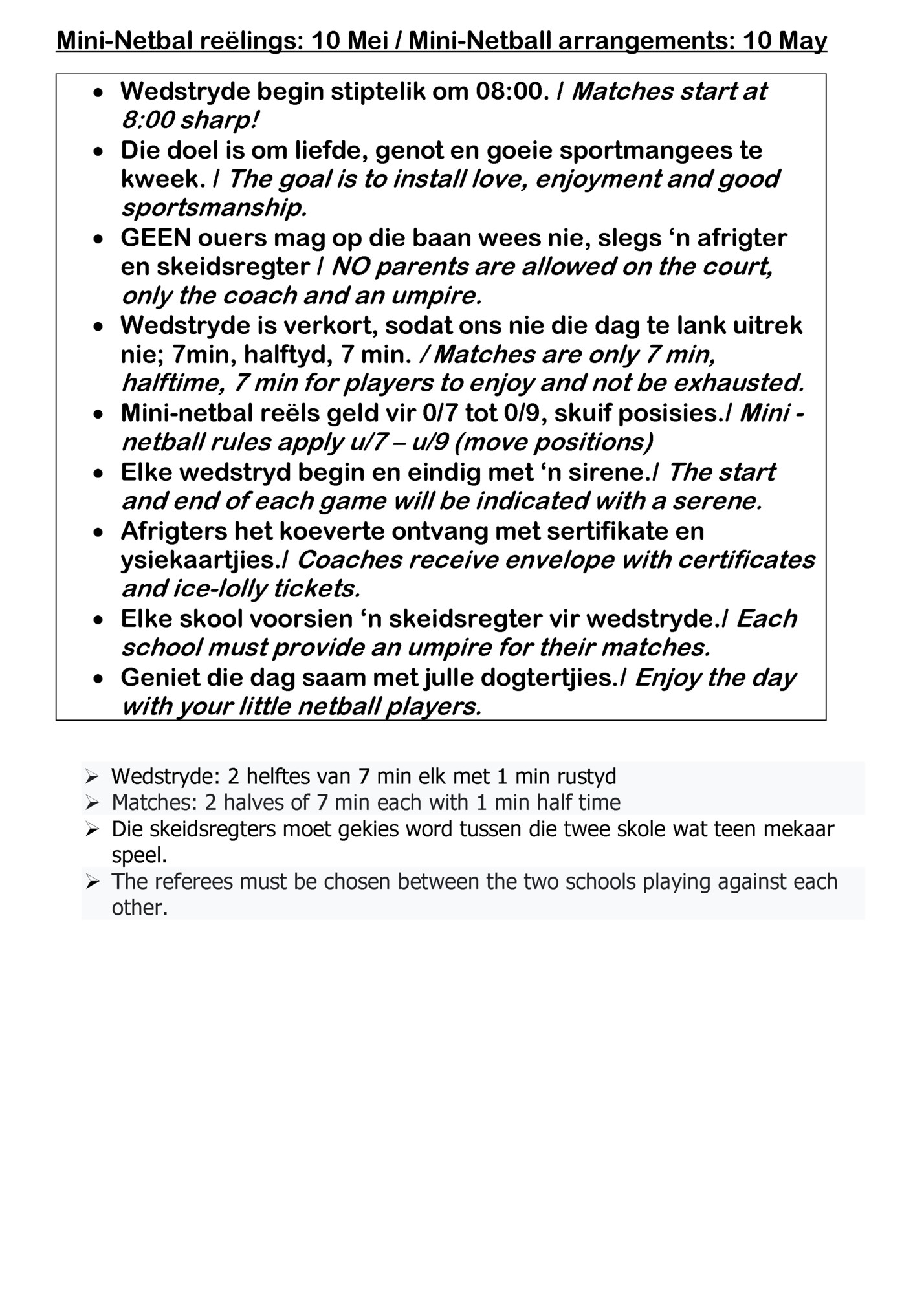 Mini-Netbal reëlings: 10 Mei / Mini-Netball arrangements: 10 May