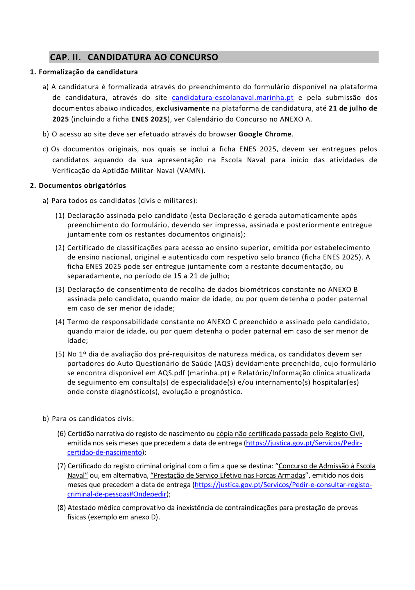 CAP. II. CANDIDATURA AO CONCURSO