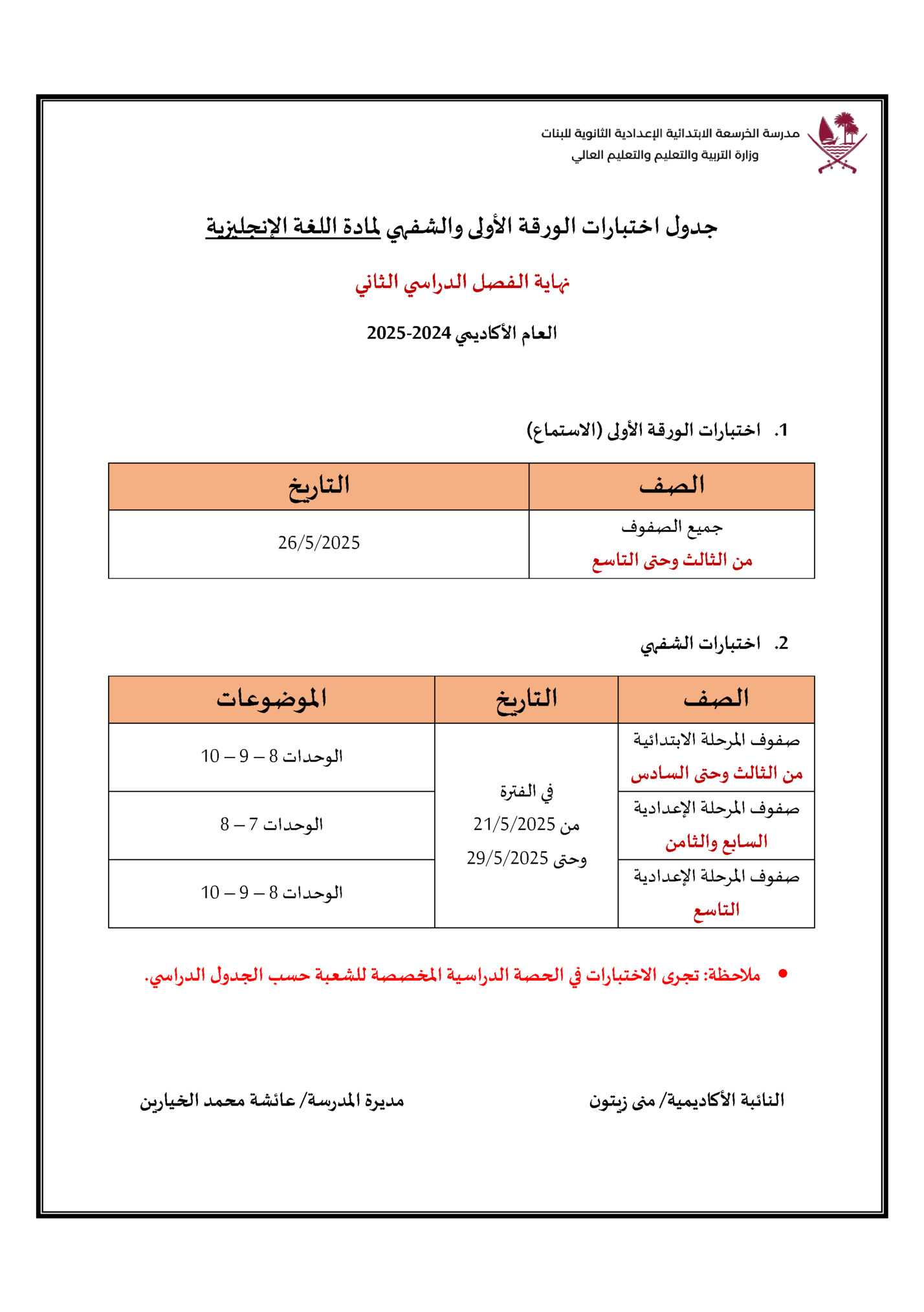 ‫جدول اختبارات الورقة األولى والشفهي ملادة اللغة اإلنجليزية‬
