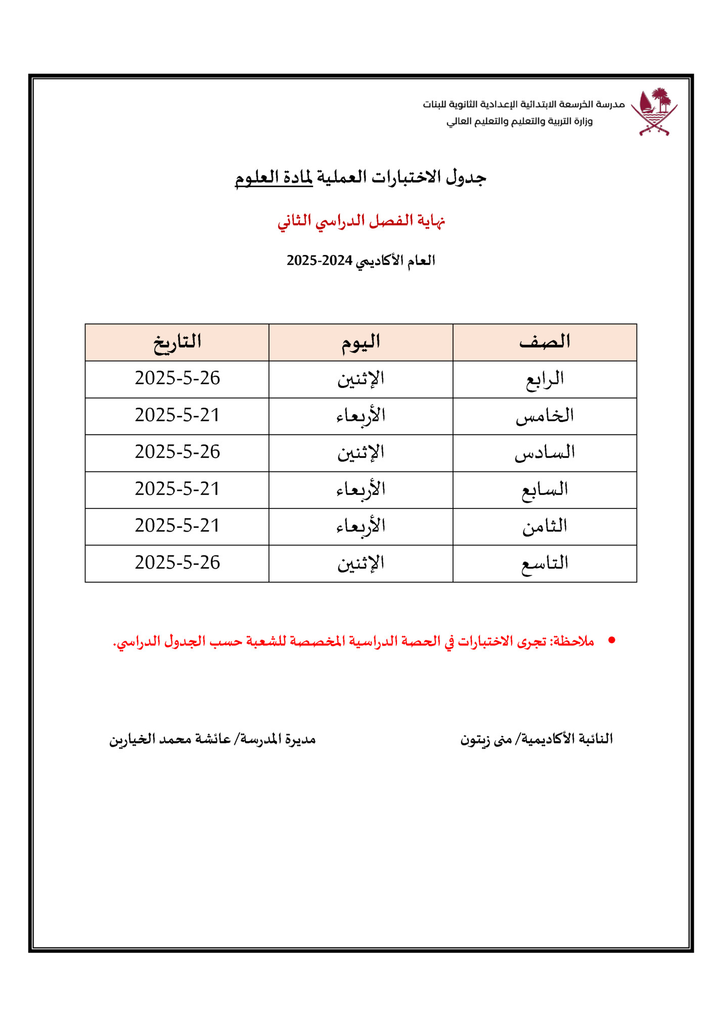 ‫جدول الختبارات العملية ملادة العلوم‬