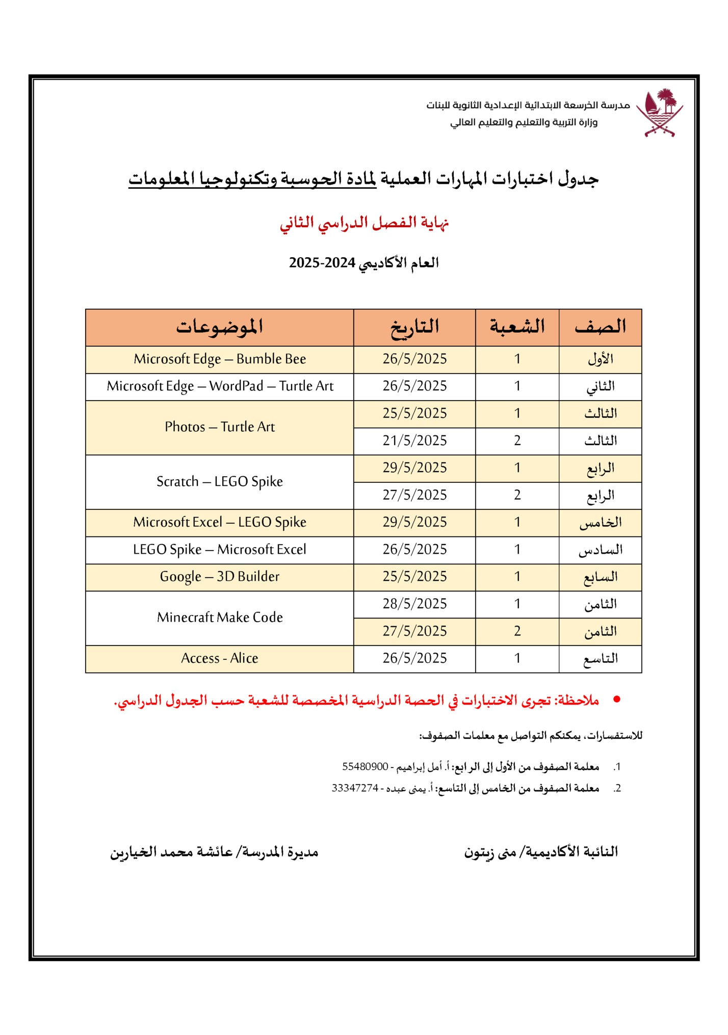 ‫جدول اختبارات املهارات العملية ملادة الحوسبة وتكنولوجيا املعلومات‬