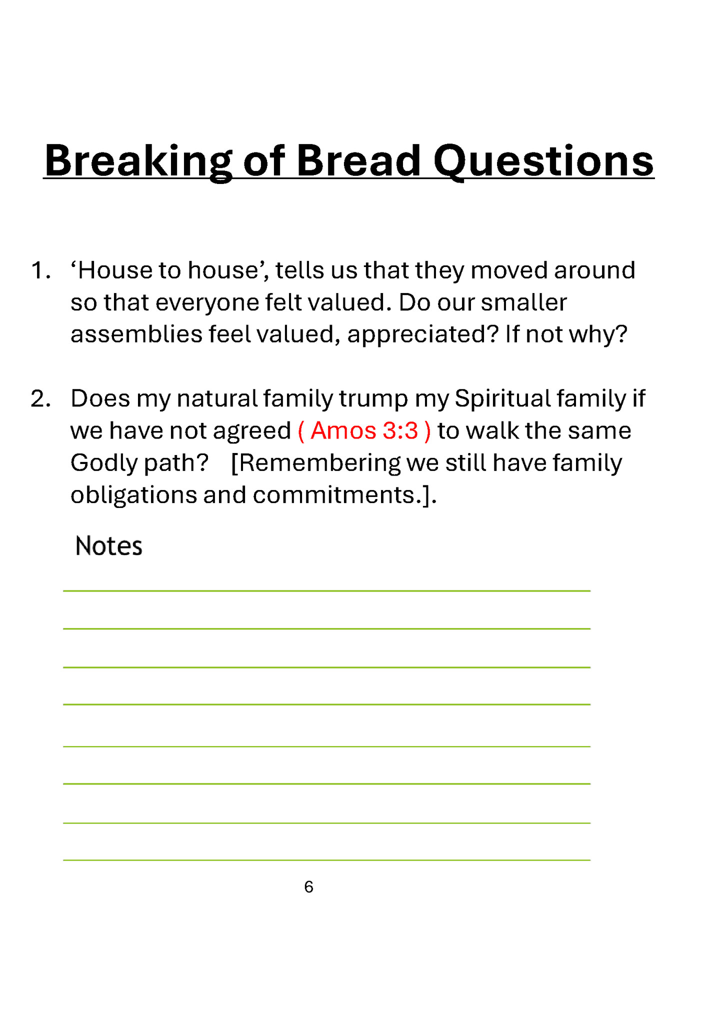 Breaking of Bread Questions