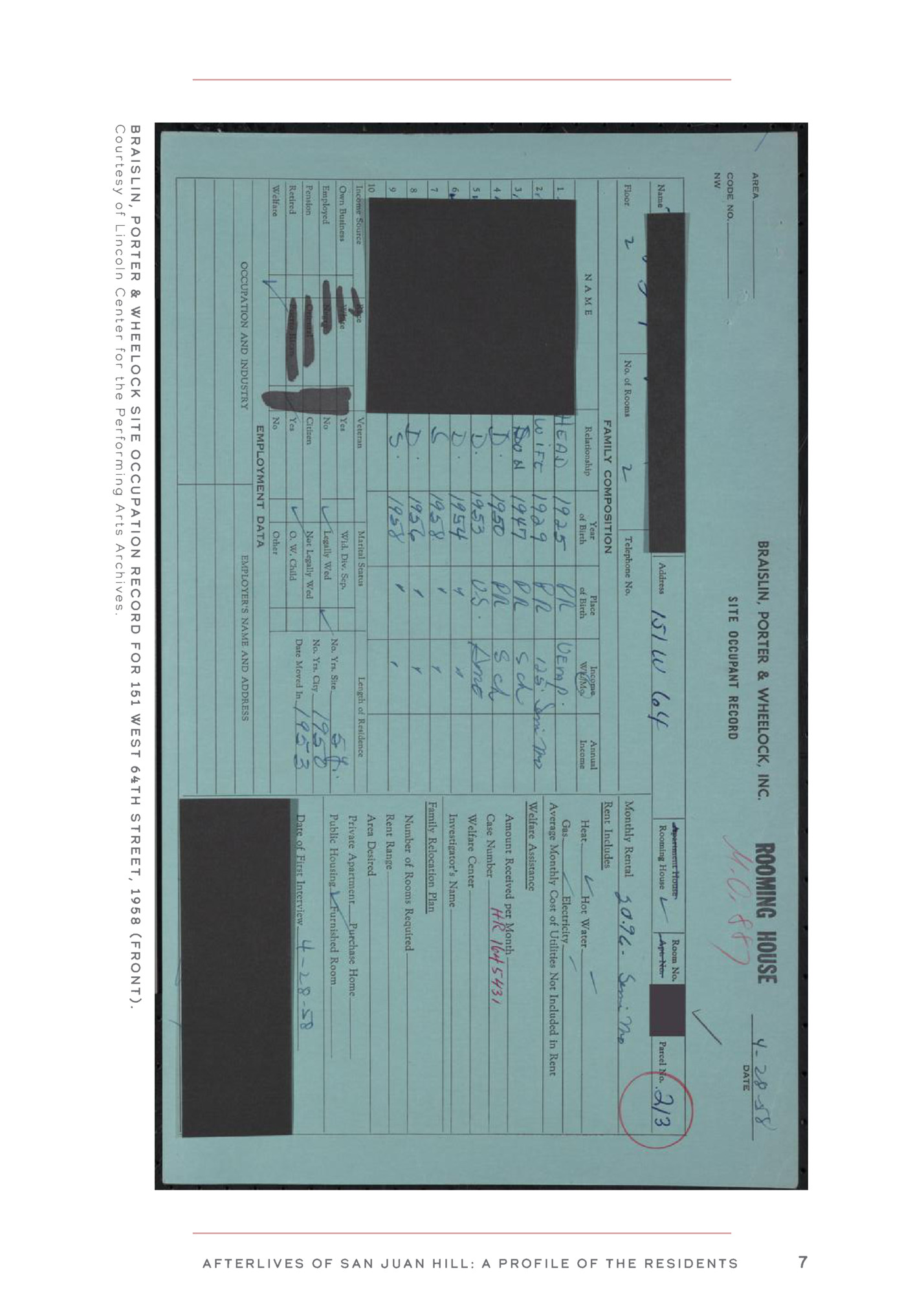 Braislin, Porter & Wheelock site occupation record for 151 West 64th Street, 1958 (front).