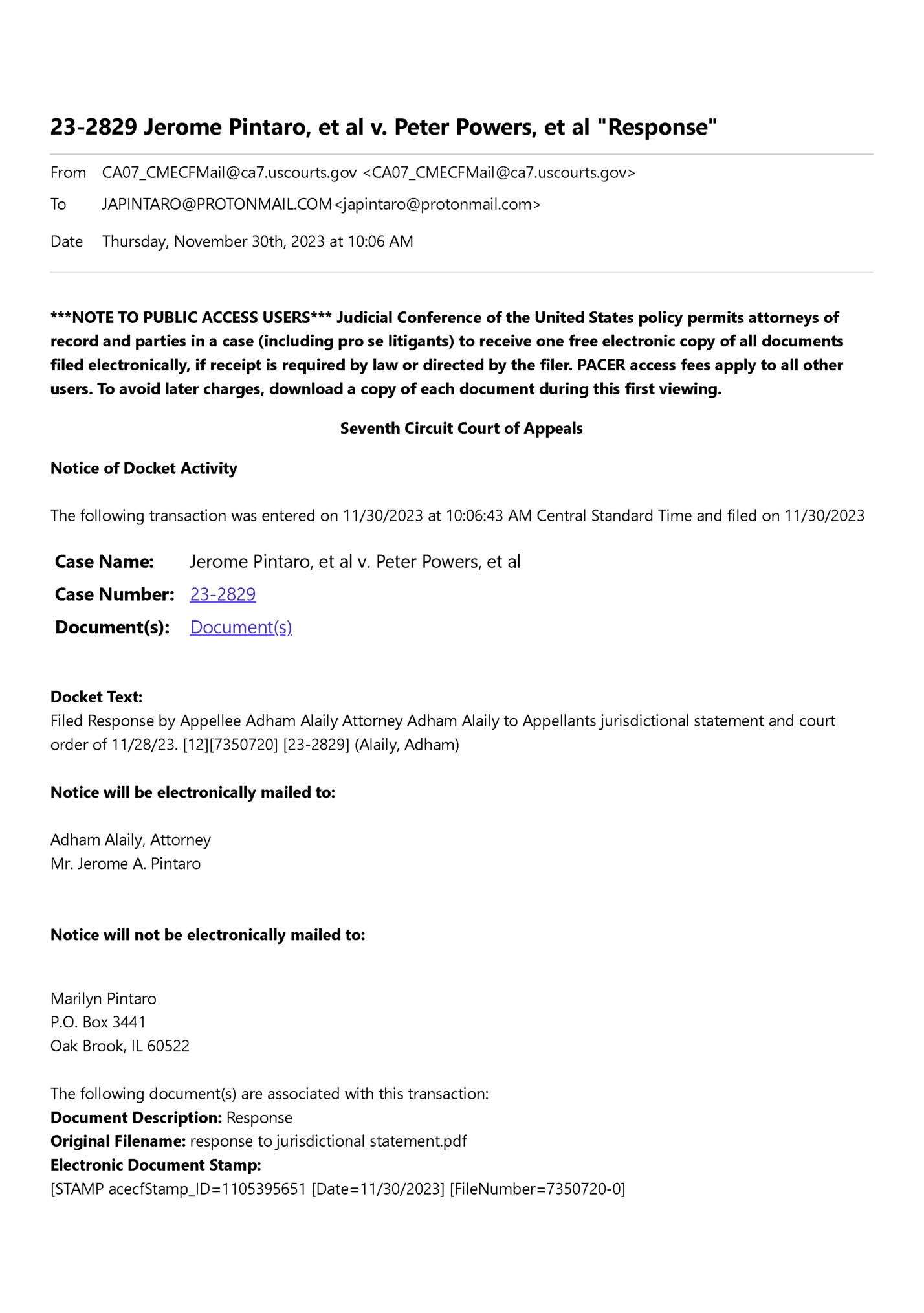 23-2829 Jerome Pintaro, et al v. Peter Powers, et al Response 23-2829 Jerome Pintaro, et al v. Peter Powers, et al Response