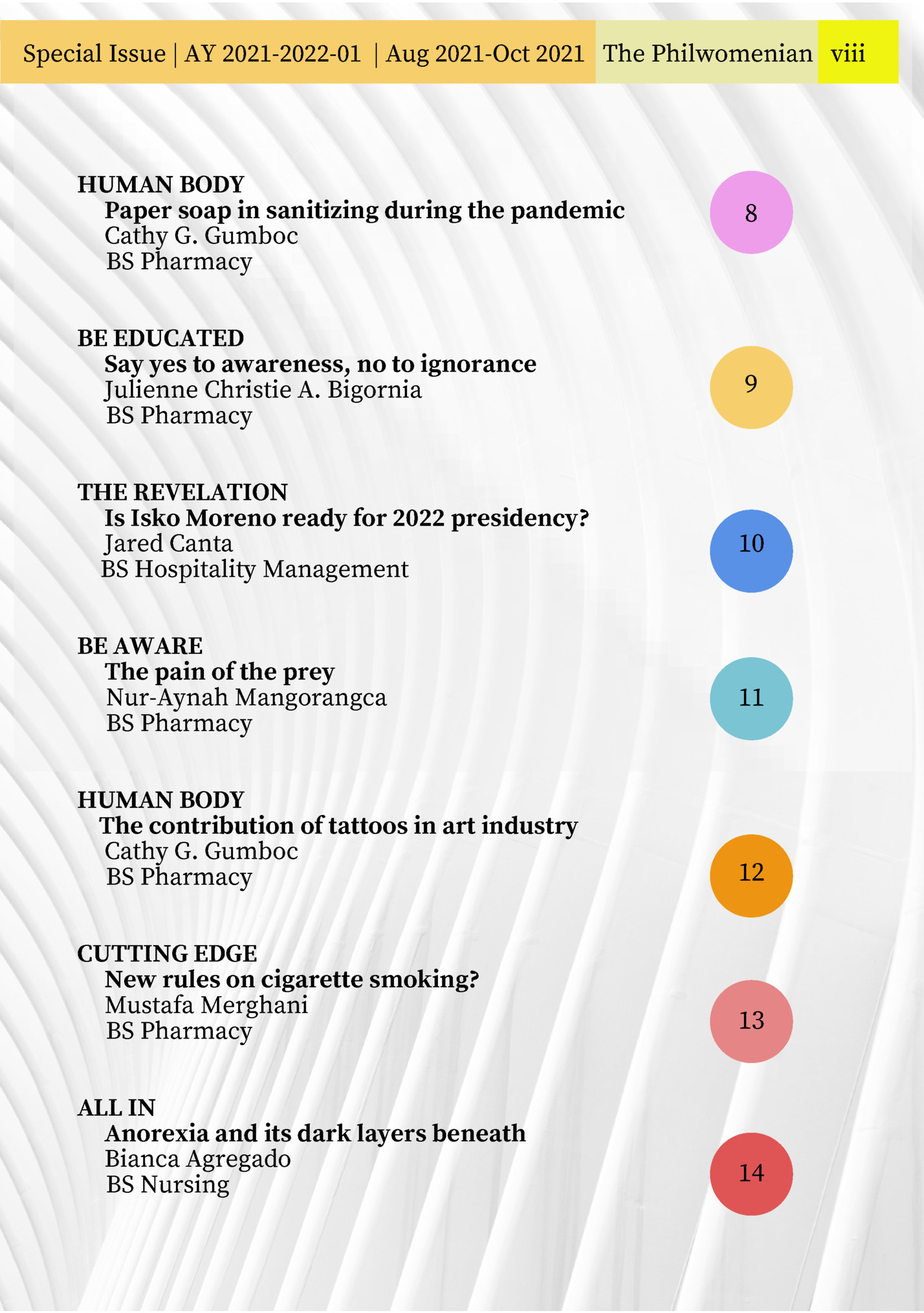 Special Issue | AY 2021-2022-01 | Aug 2021-Oct 2021 The Philwomenian viii