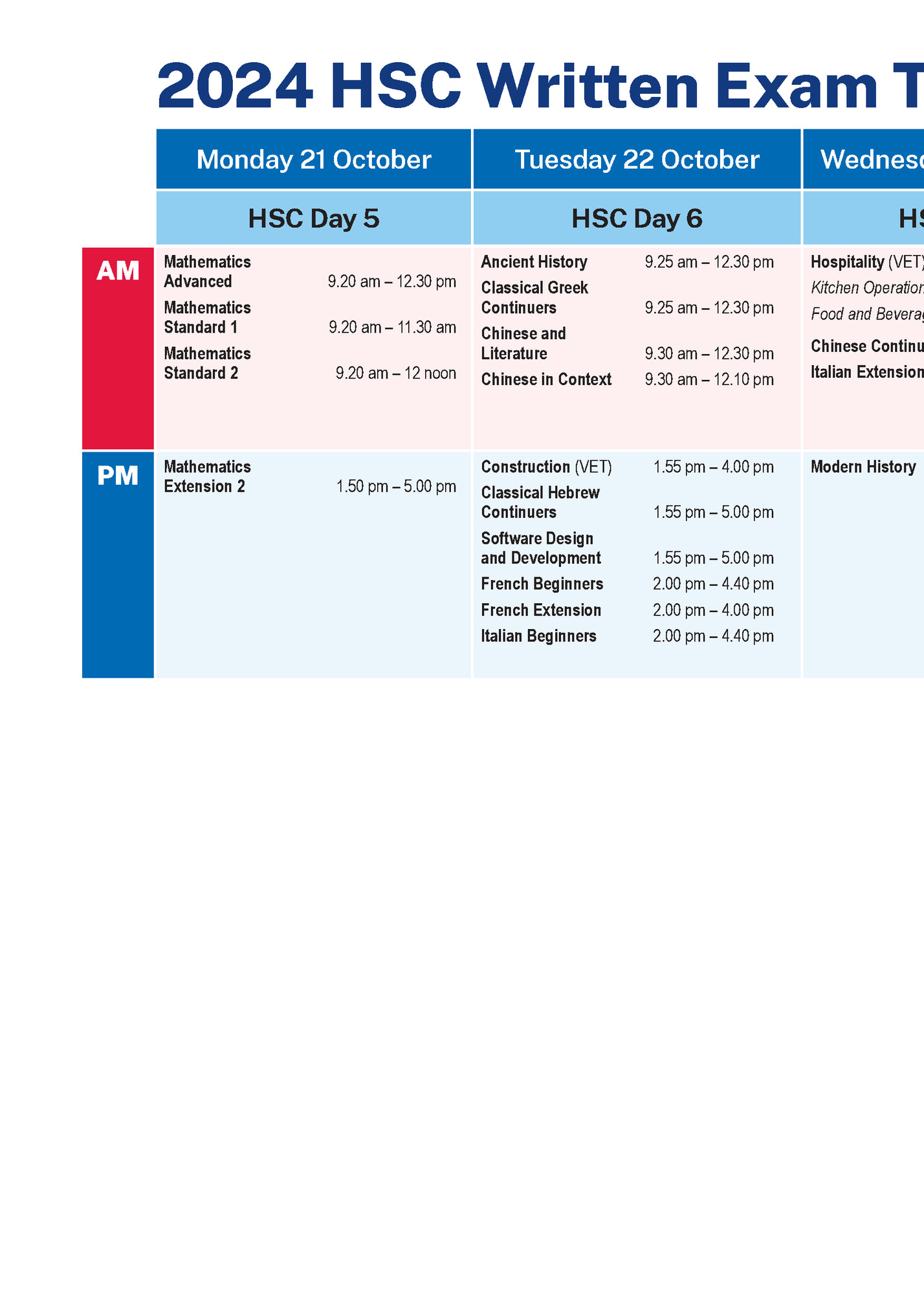 2024 HSC Written Exam Timetable • Week 2