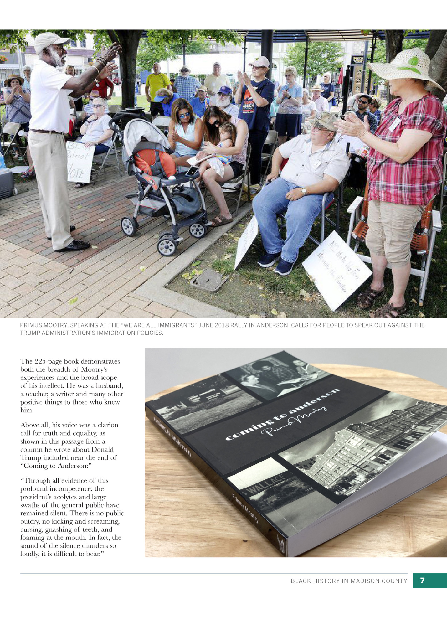 PRIMUS MOOTRY, SPEAKING AT THE “WE ARE ALL IMMIGRANTS” JUNE 2018 RALLY IN ANDERSON, CALLS FOR PEOPLE TO SPEAK OUT AGAINST THE
