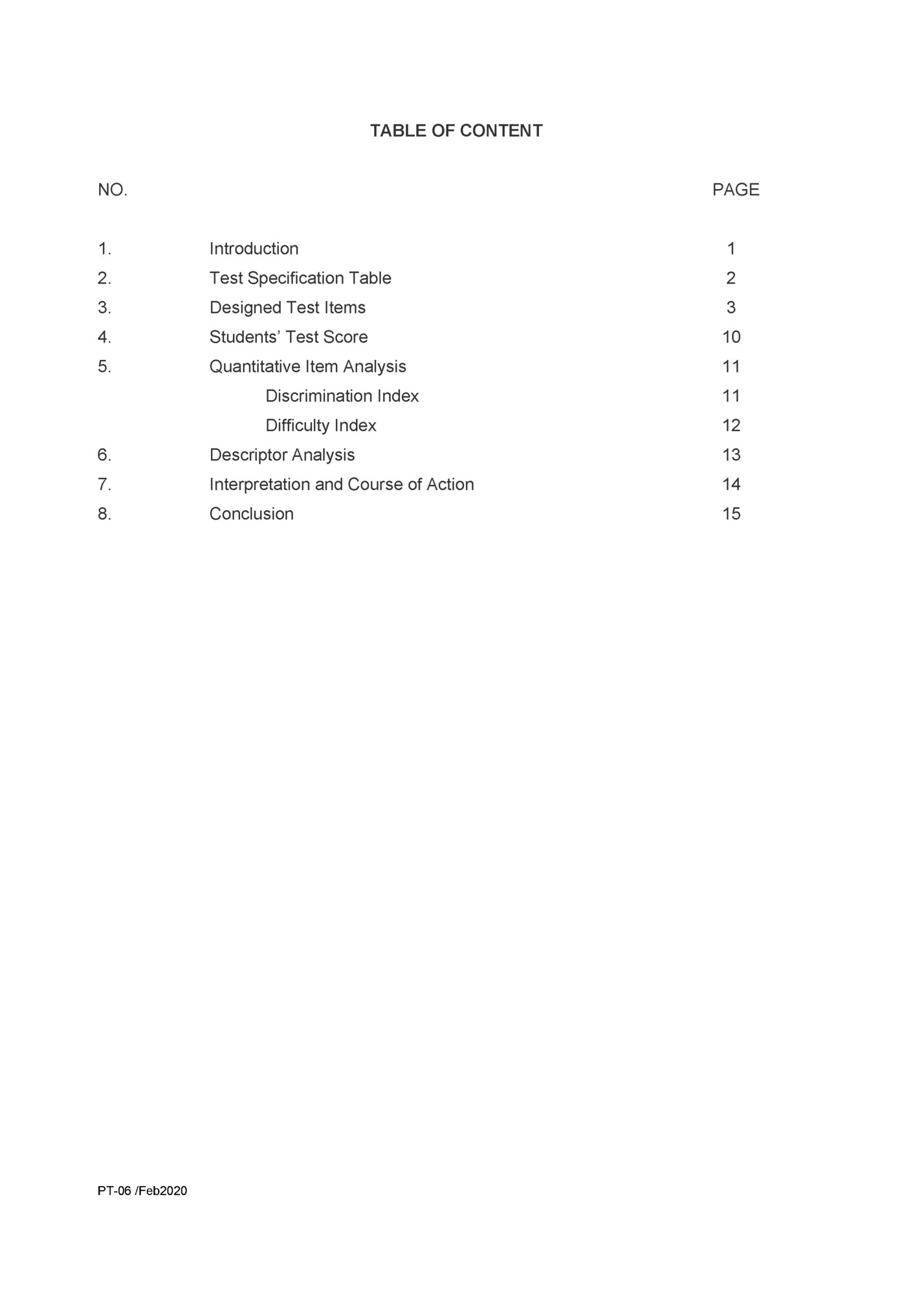 TABLE OF CONTENT