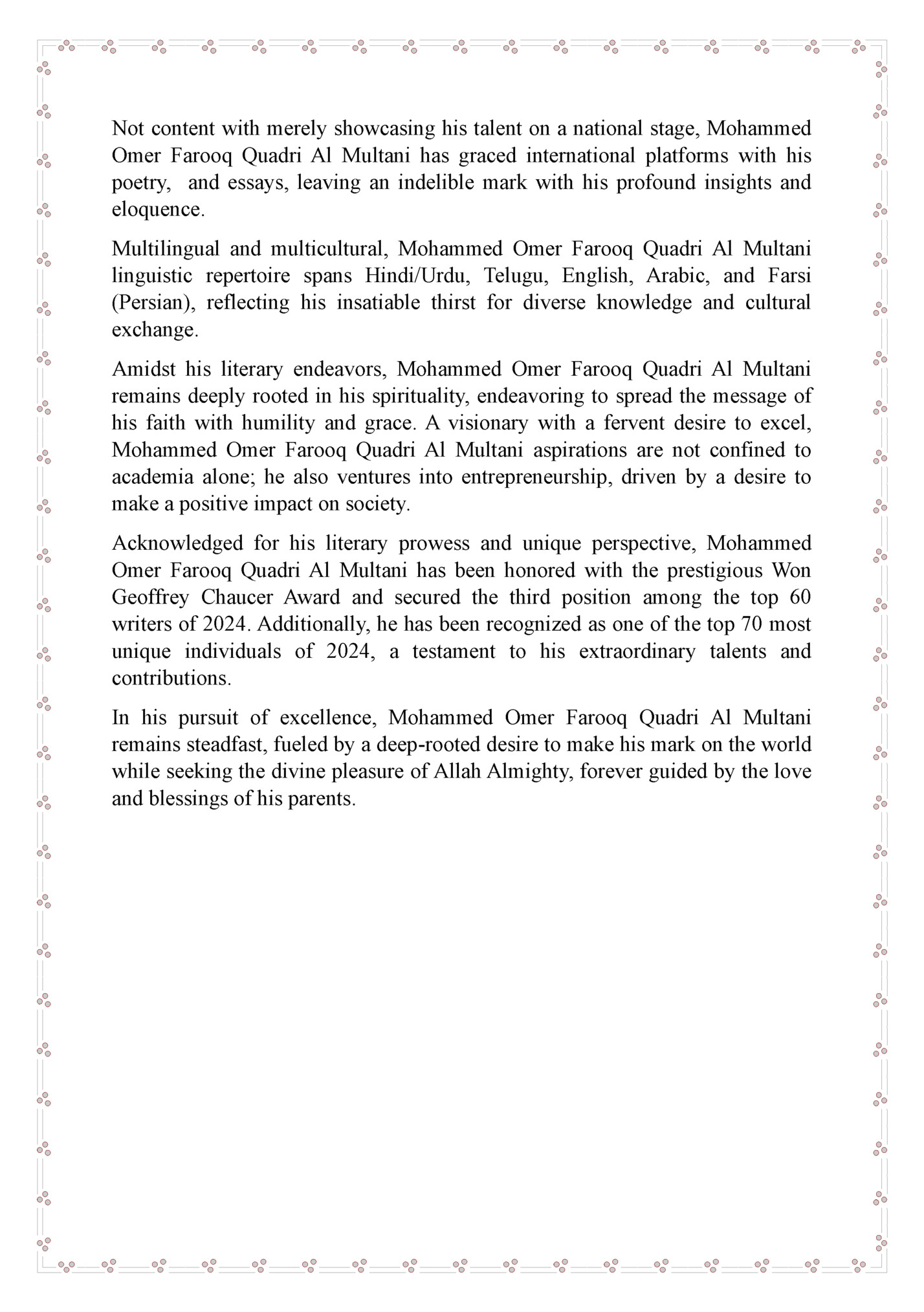 Not content with merely showcasing his talent on a national stage, Mohammed