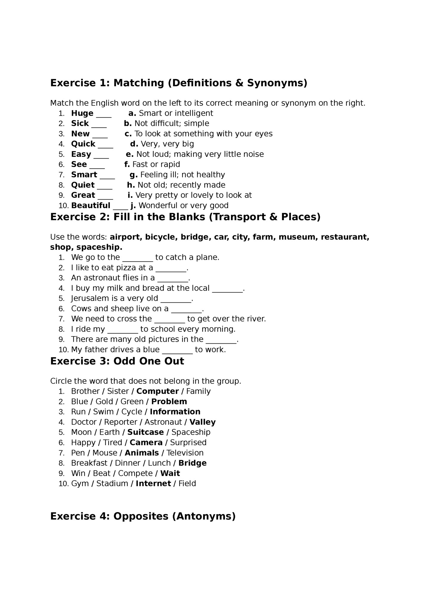 Exercise 1: Matching (Definitions & Synonyms)