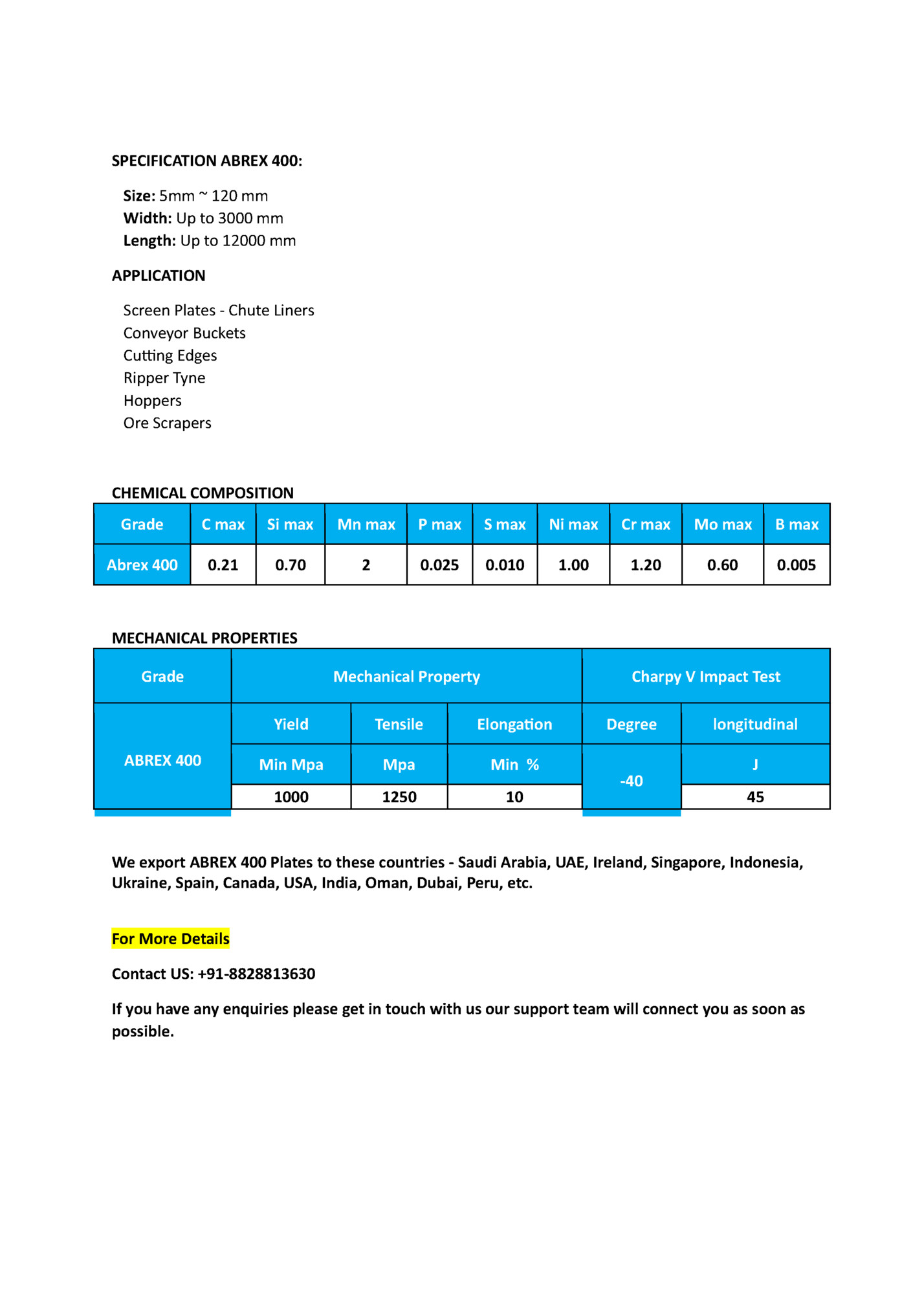 SPECIFICATION ABREX 400: