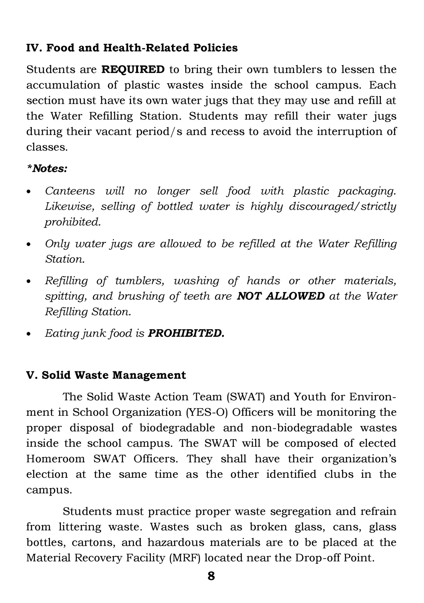 IV. Food and Health-Related Policies