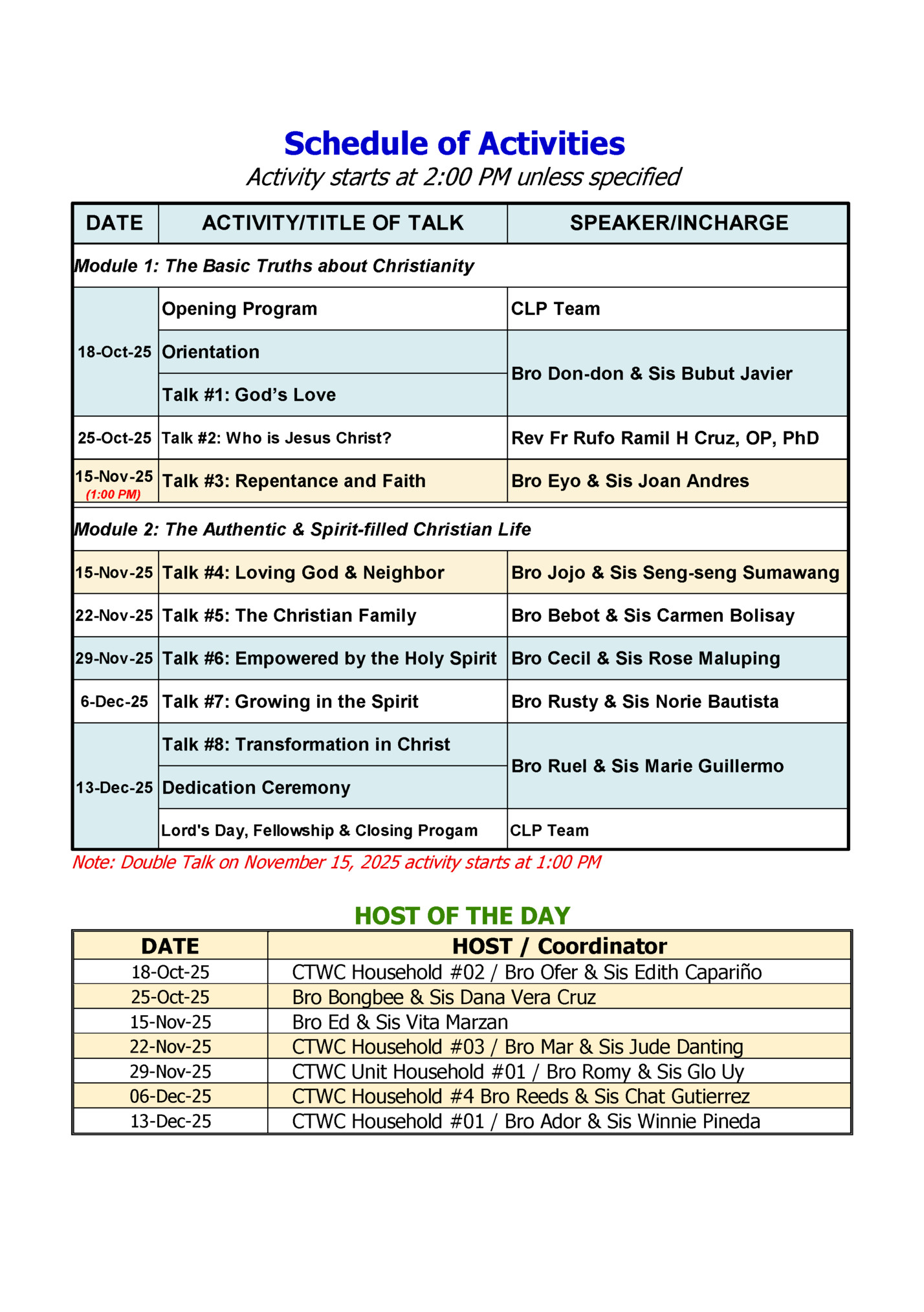 Schedule of Activities