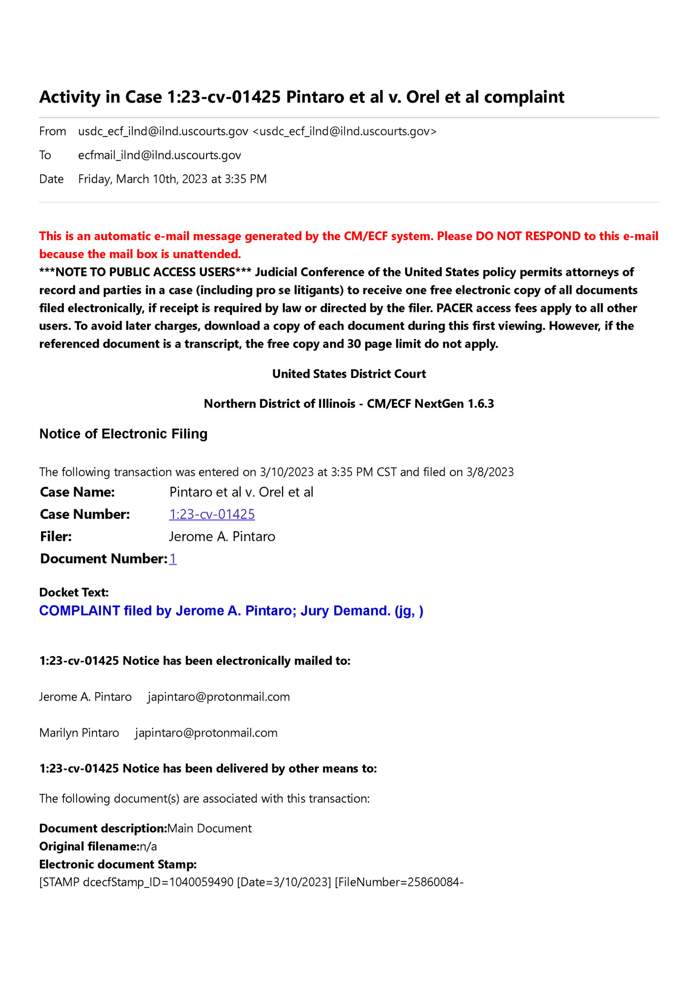 Activity in Case 1:23-cv-01425 Pintaro et al v. Orel et al complaint