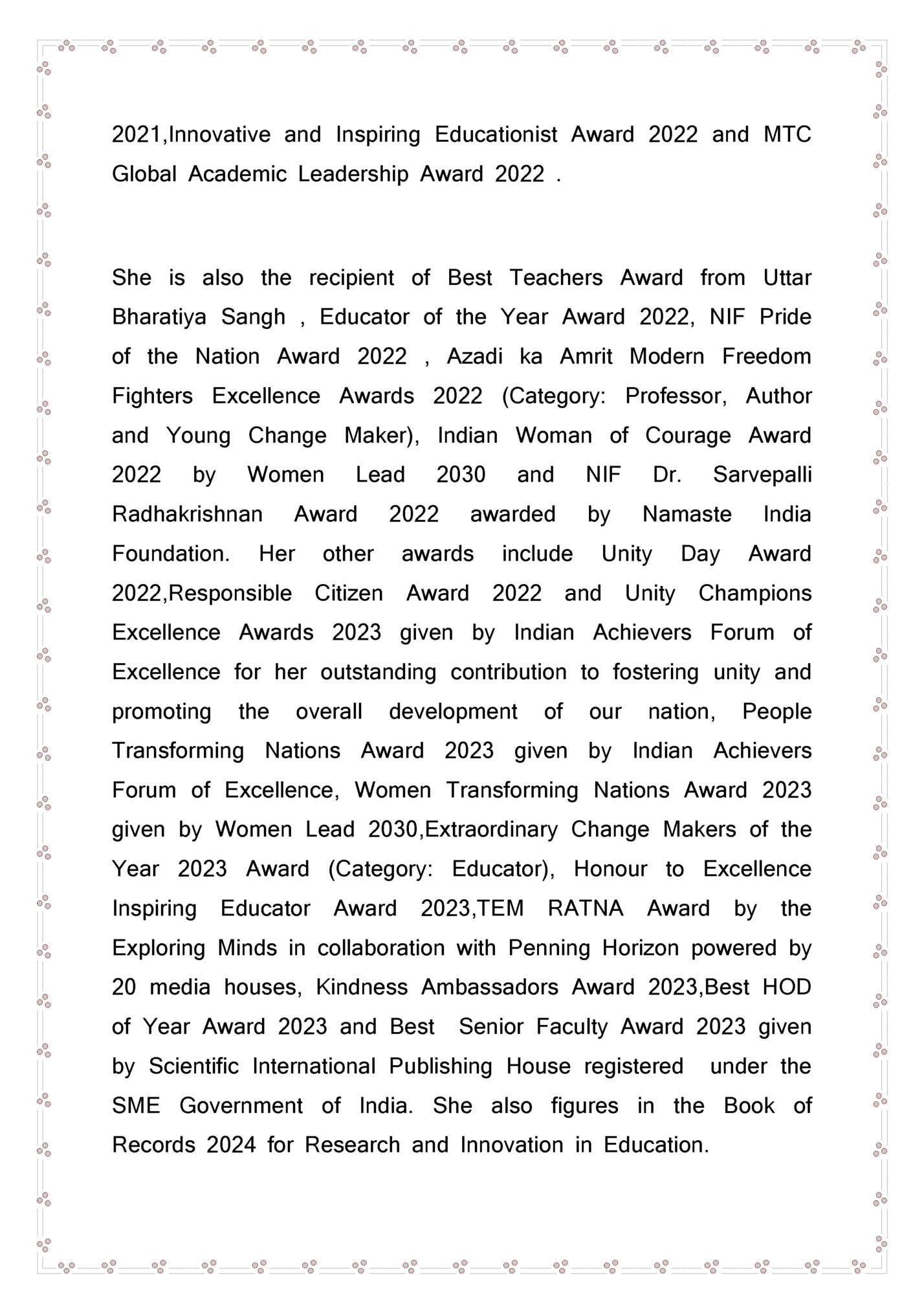 2021,Innovative and Inspiring Educationist Award 2022 and MTC