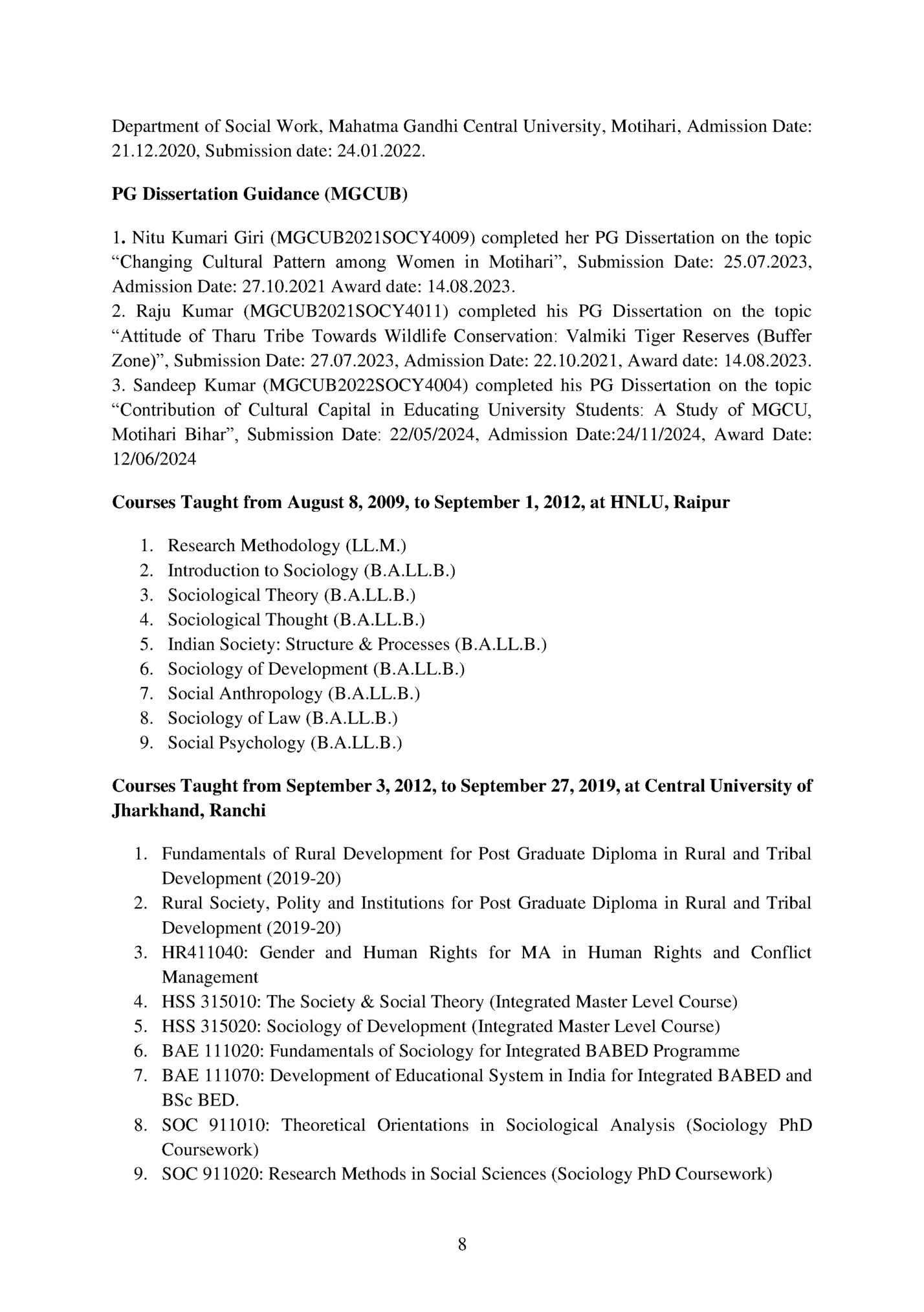 Department of Social Work, Mahatma Gandhi Central University, Motihari, Admission Date: